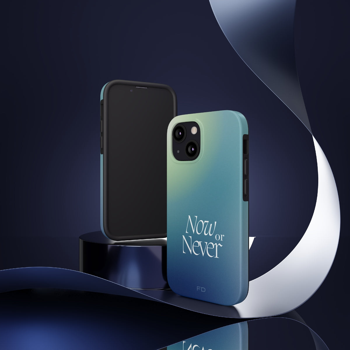 Now or Never Tough Case for iPhone, featuring a glossy finish, impact-resistant design, and wireless charging support.