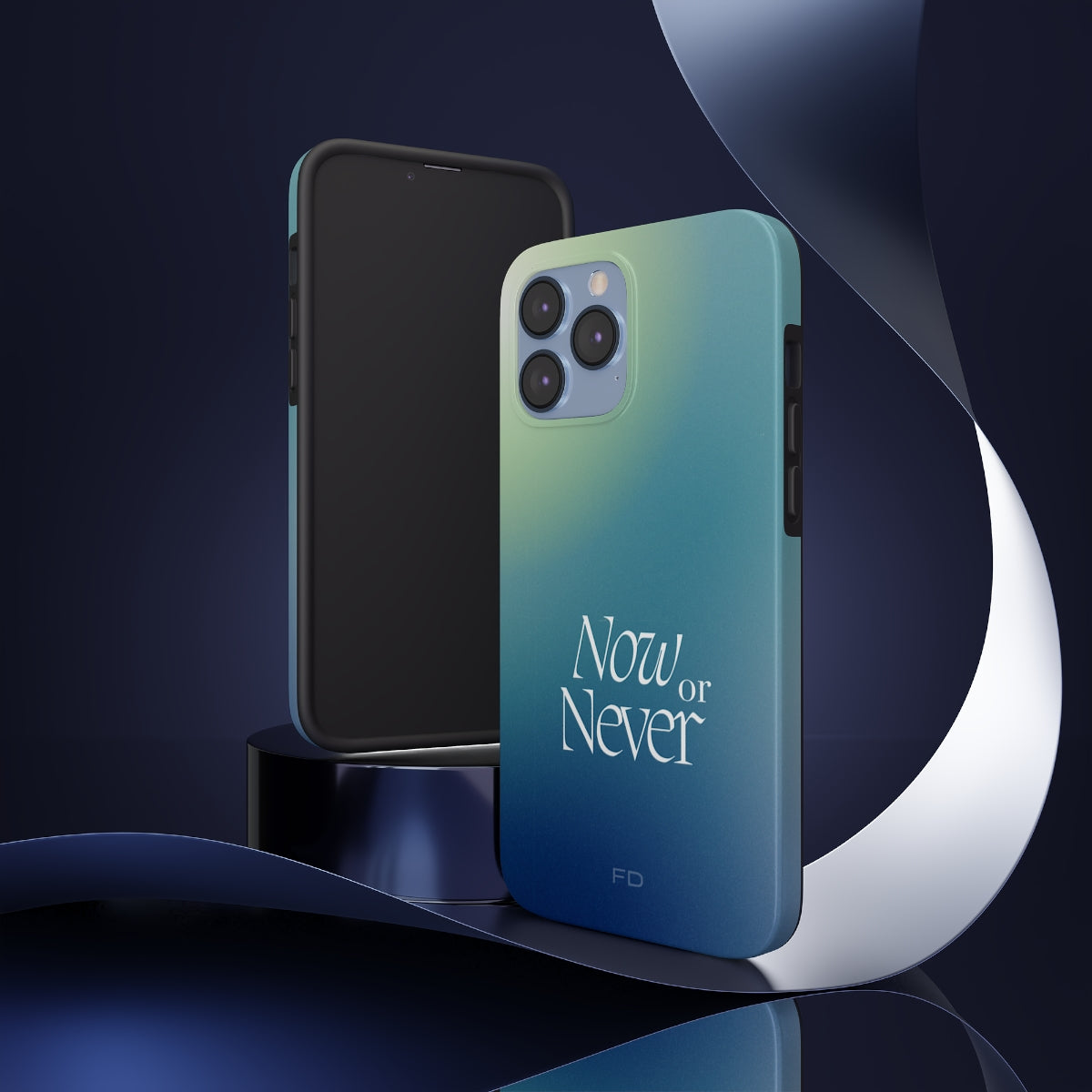Now or Never Tough Case for iPhone, featuring a glossy finish, impact-resistant design, and wireless charging support.