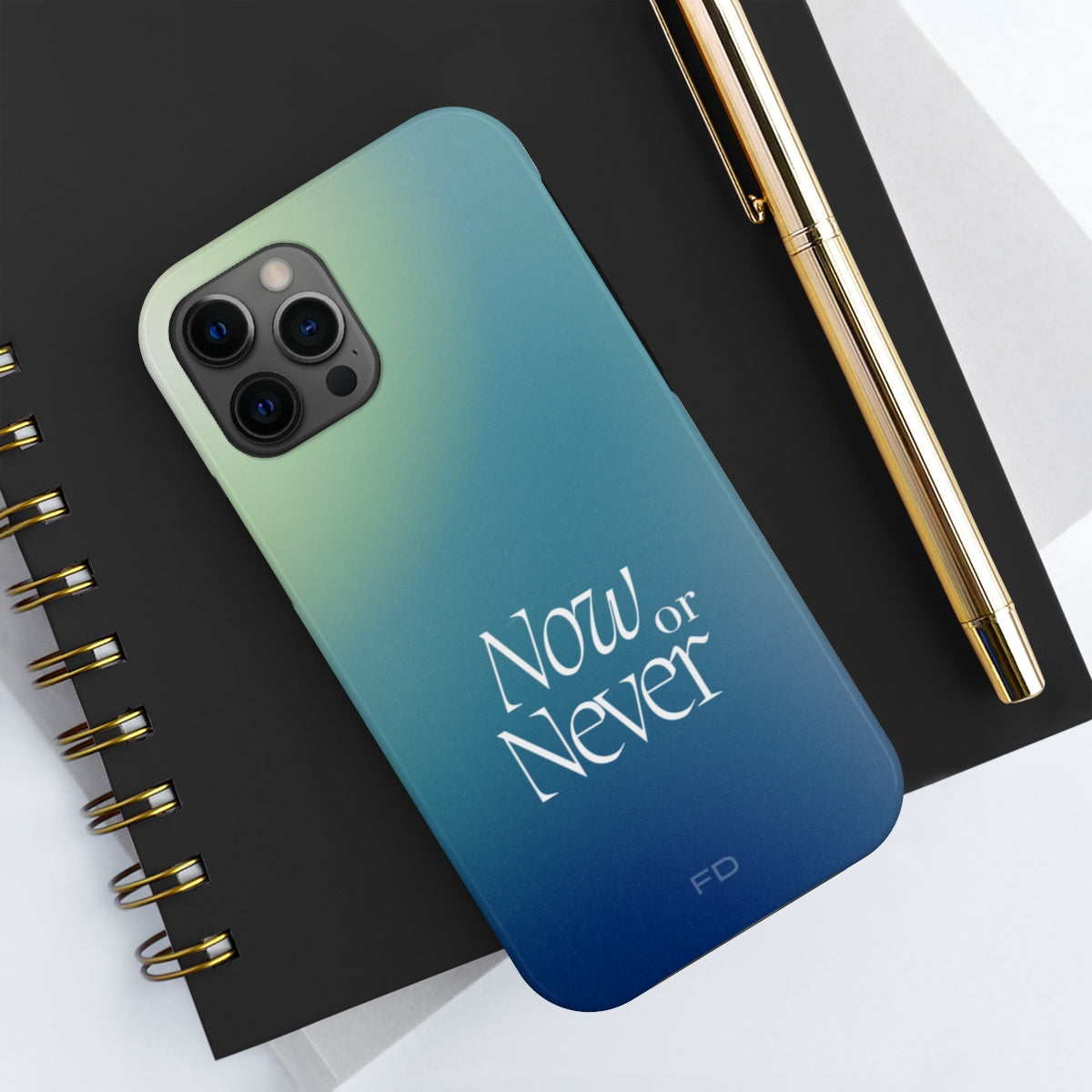 Now or Never Tough Case for iPhone, featuring a glossy finish, impact-resistant design, and wireless charging support.