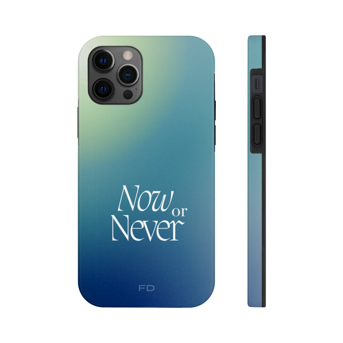 Now or Never Tough Case for iPhone, featuring a glossy finish, impact-resistant design, and wireless charging support.