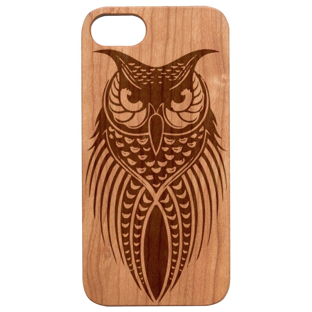 Owl Tribal Engraved wooden phone case showcasing intricate design and natural wood finish.