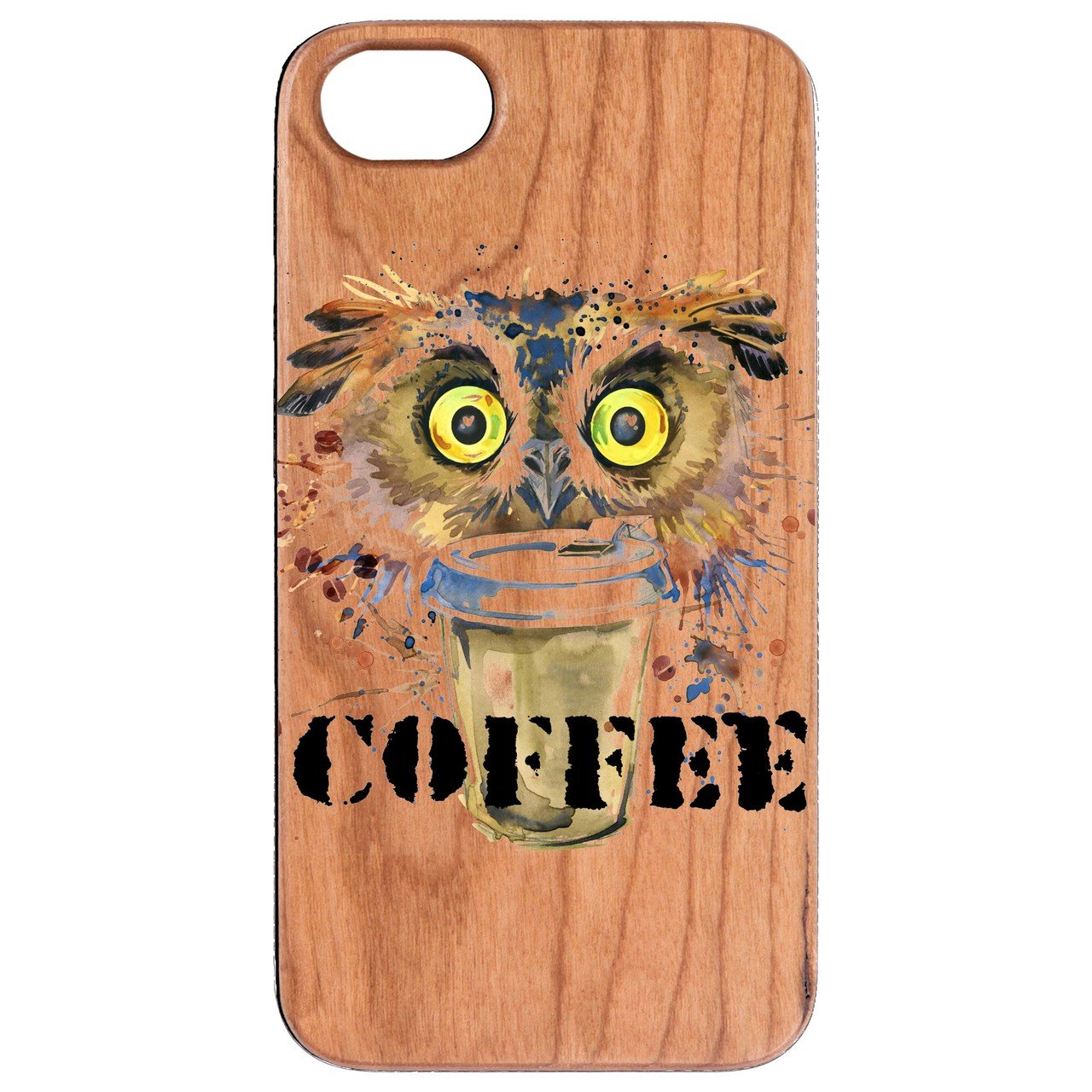 Owl with Coffee UV Color Printed phone case showcasing a vibrant owl design on a wooden surface, highlighting its unique style and durability.