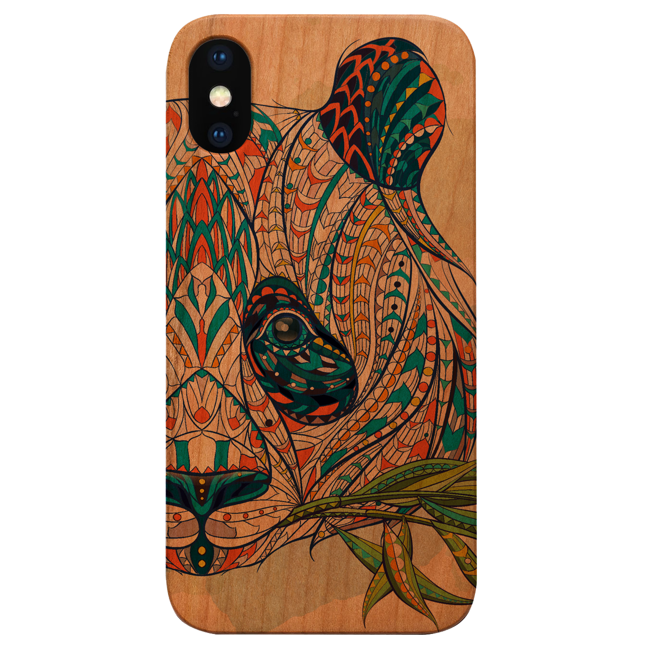 Panda Head UV Color Printed phone case showcasing vibrant colors and natural wood texture, designed for durability and style.
