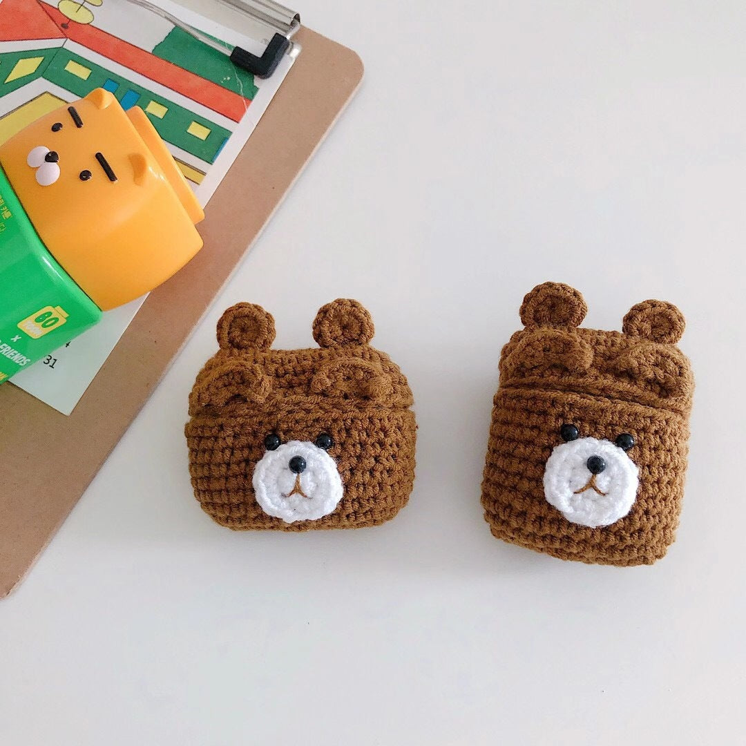 Plush Brown Bear Bluetooth Headset Case designed for AirPods, featuring a cute cartoon bear design in soft plush material.