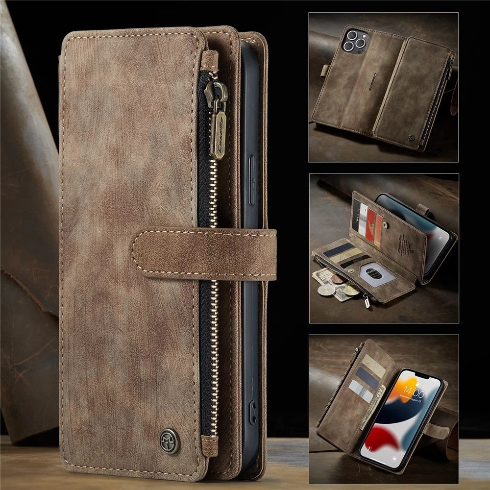 Premium vegan leather wallet case for iPhone, featuring multiple card slots and a zipper pocket for cash and coins.
