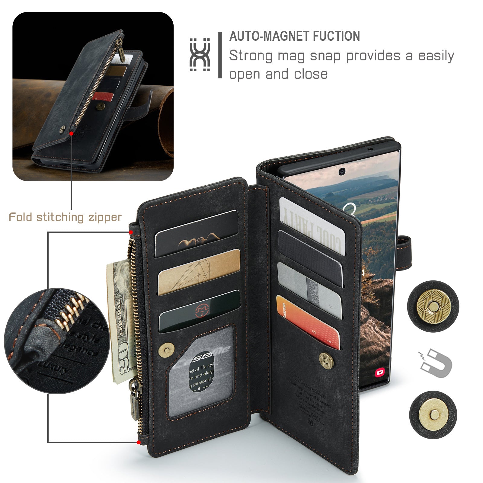 Premium vegan leather wallet case for iPhone, featuring multiple card slots and a zipper pocket for cash and coins.