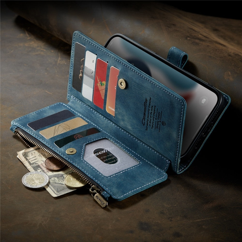 Premium vegan leather wallet case for iPhone, featuring multiple card slots and a zipper pocket for cash and coins.
