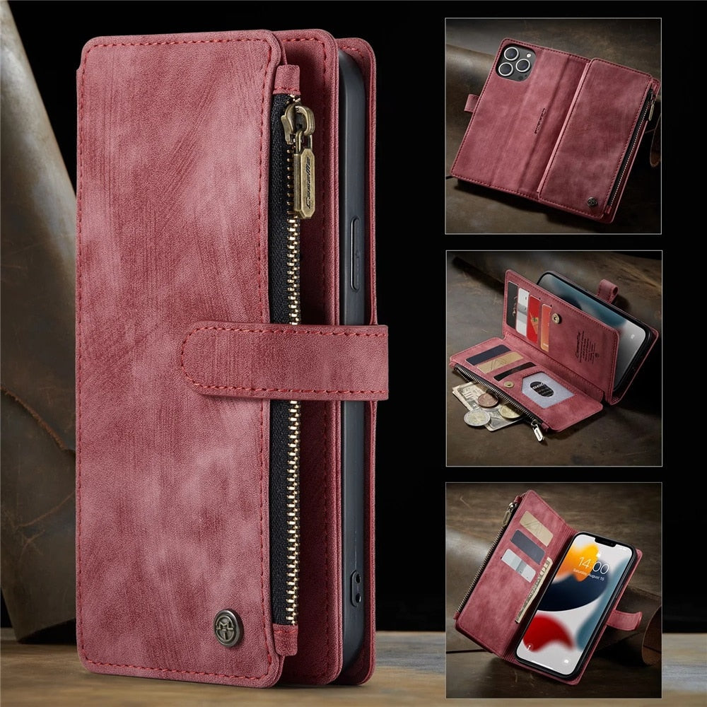 Premium vegan leather wallet case for iPhone, featuring multiple card slots and a zipper pocket for cash and coins.