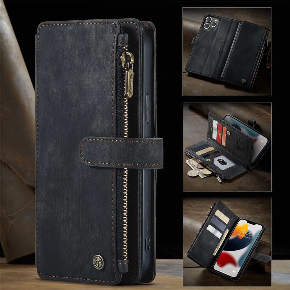 Premium vegan leather wallet case for iPhone, featuring multiple card slots and a zipper pocket for cash and coins.