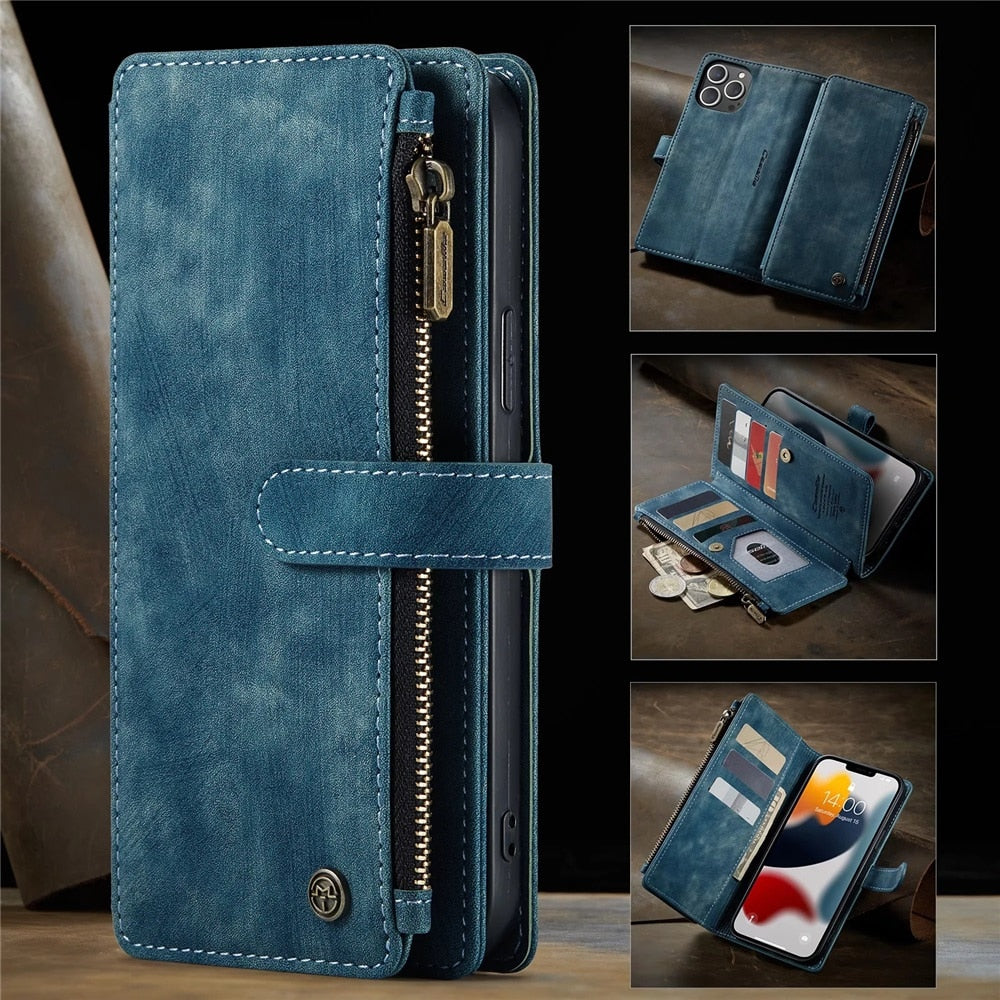Premium vegan leather wallet case for iPhone, featuring multiple card slots and a zipper pocket for cash and coins.
