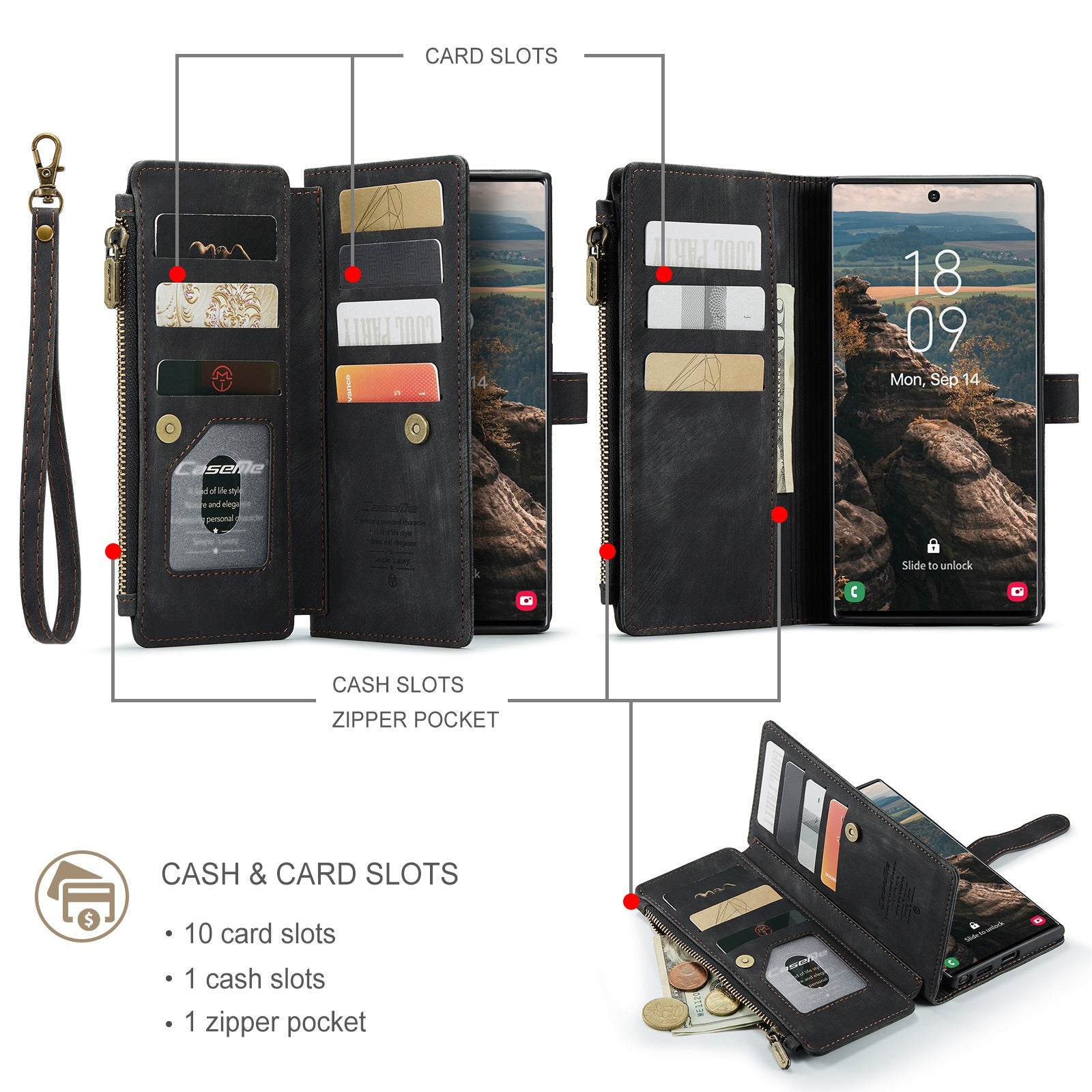 Premium vegan leather wallet case for iPhone, featuring multiple card slots and a zipper pocket for cash and coins.