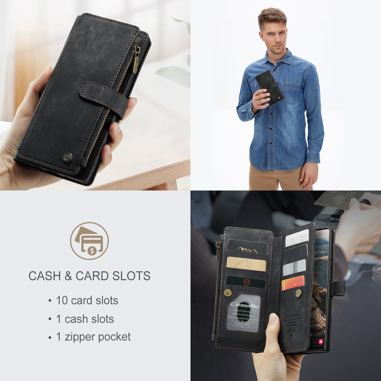 Premium vegan leather wallet case for iPhone, featuring multiple card slots and a zipper pocket for cash and coins.