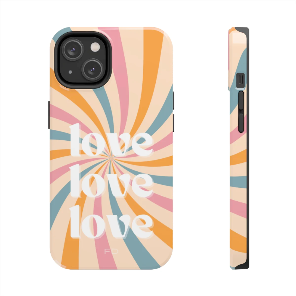 Retro Love Touch Case for iPhone featuring a glossy finish, impact-resistant design, and wireless charging support.