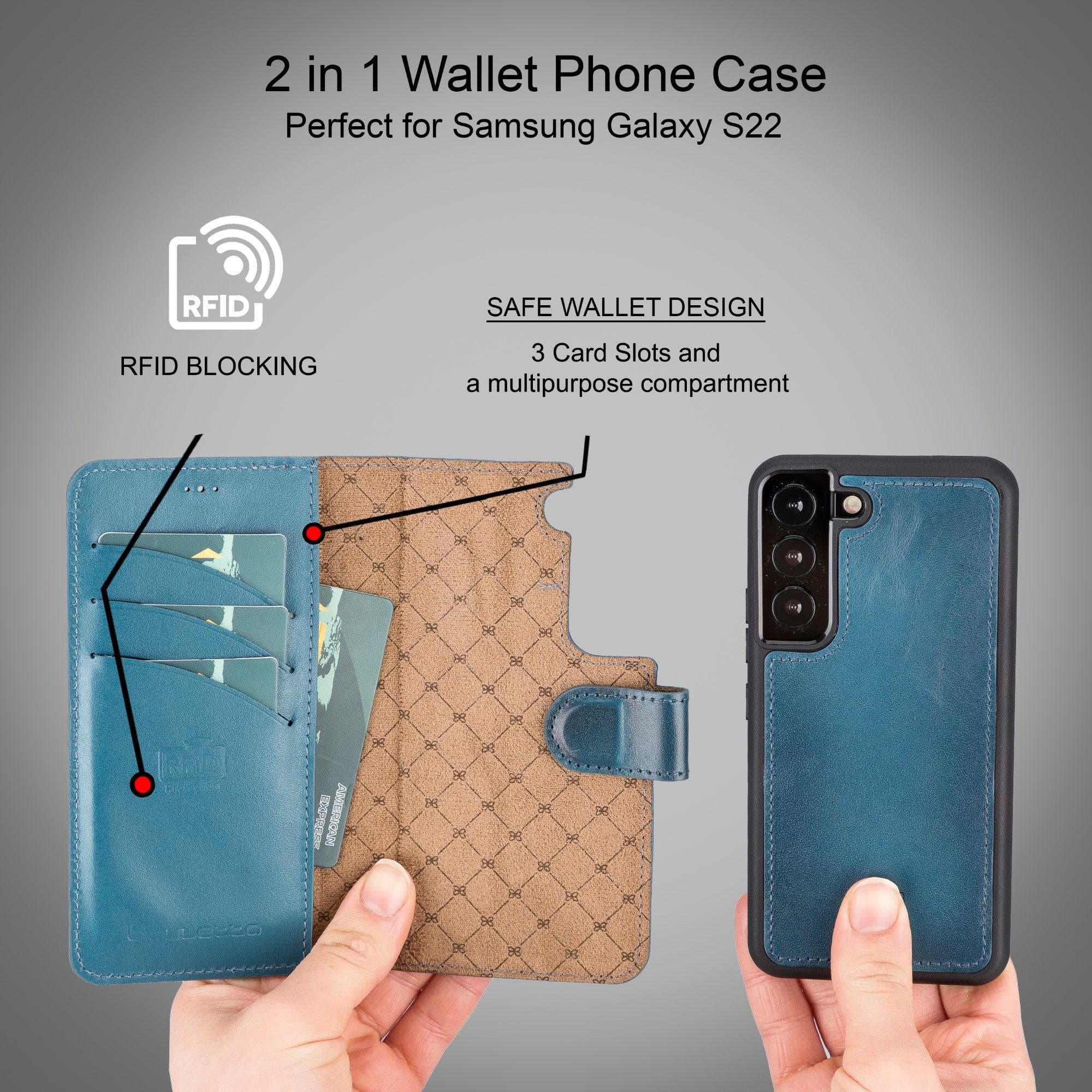 Samsung Galaxy S22 Series Leather Detachable Wallet Case in black, showcasing its premium leather finish and detachable design.