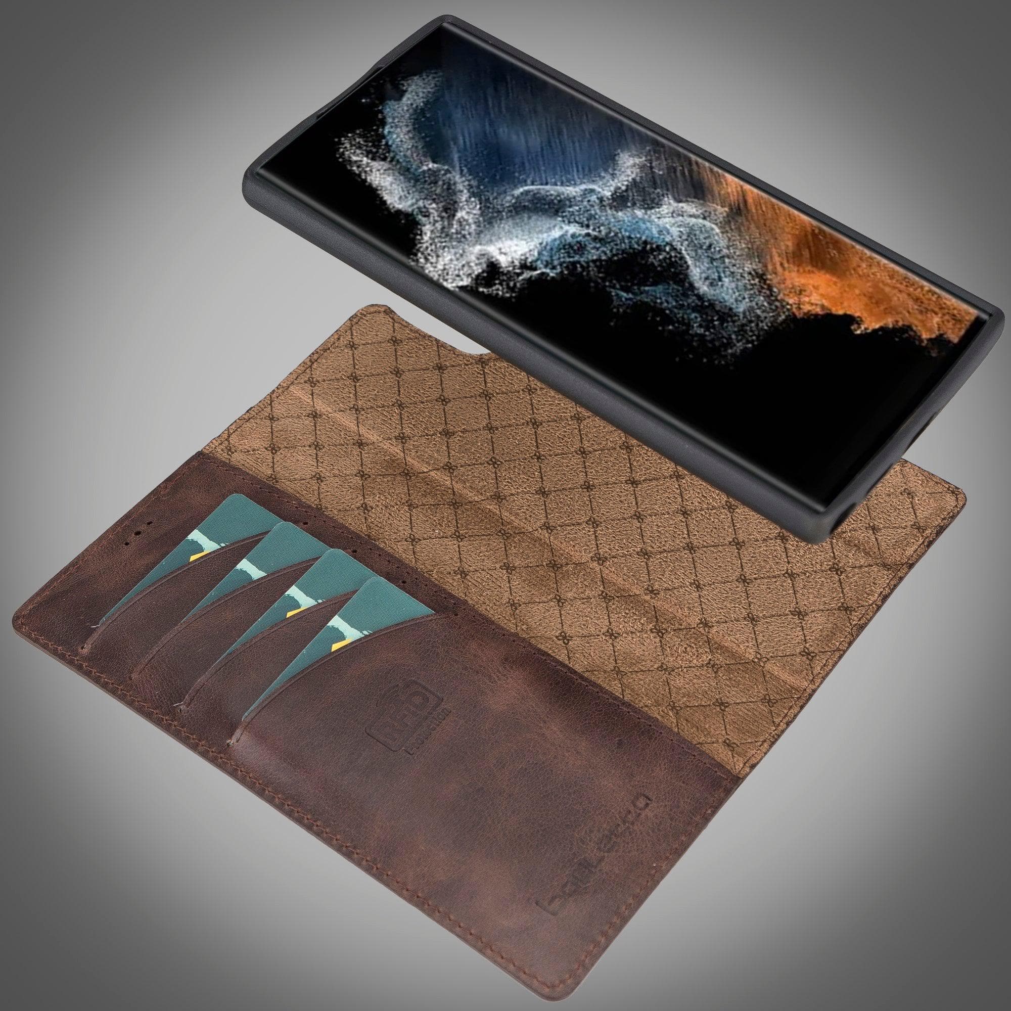 Samsung Galaxy S22 Series Leather Detachable Wallet Case in black, showcasing its premium leather finish and detachable design.