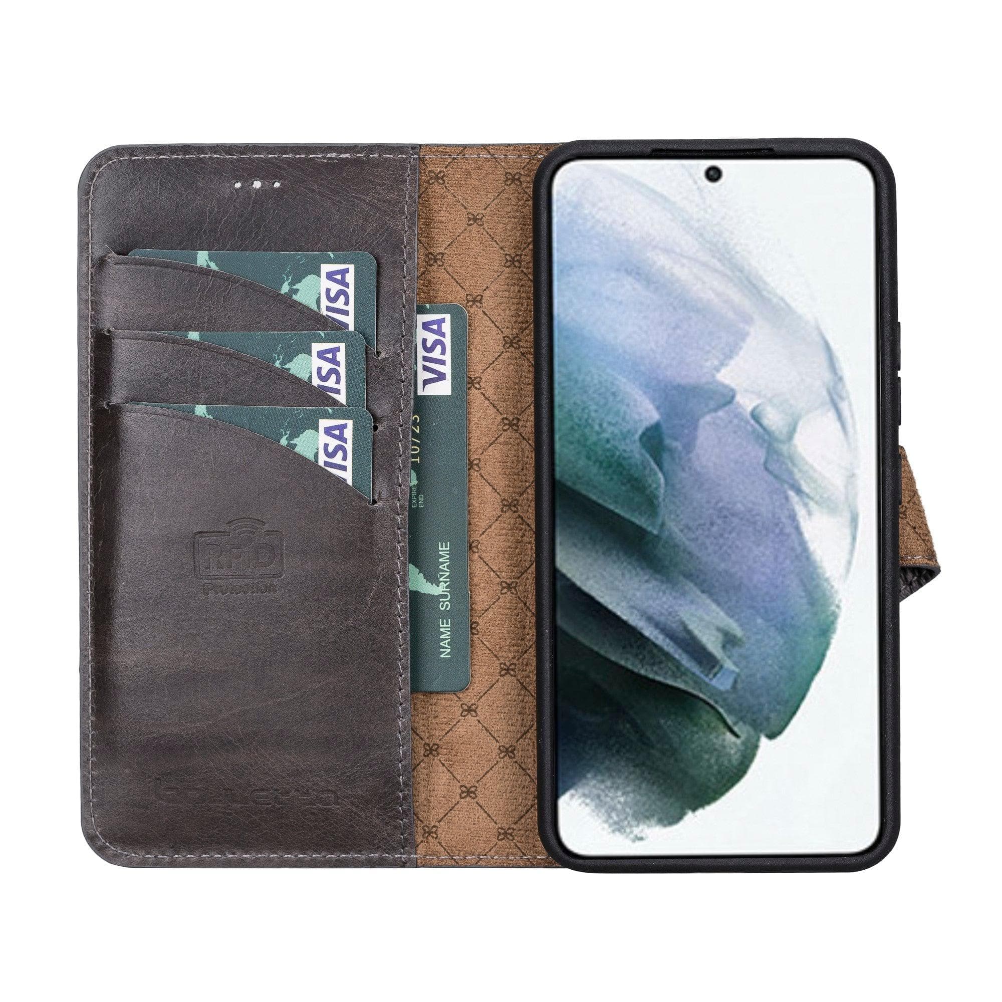 Samsung Galaxy S22 Series Leather Detachable Wallet Case in black, showcasing its premium leather finish and detachable design.