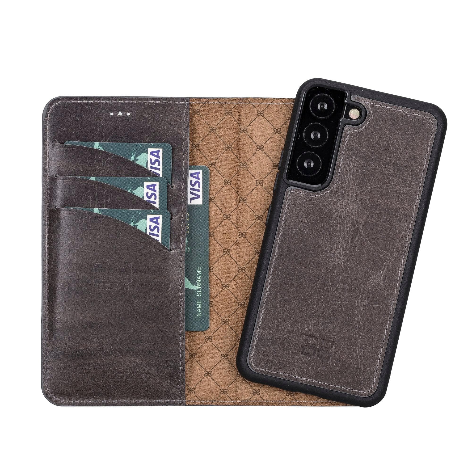 Samsung Galaxy S22 Series Leather Detachable Wallet Case in black, showcasing its premium leather finish and detachable design.