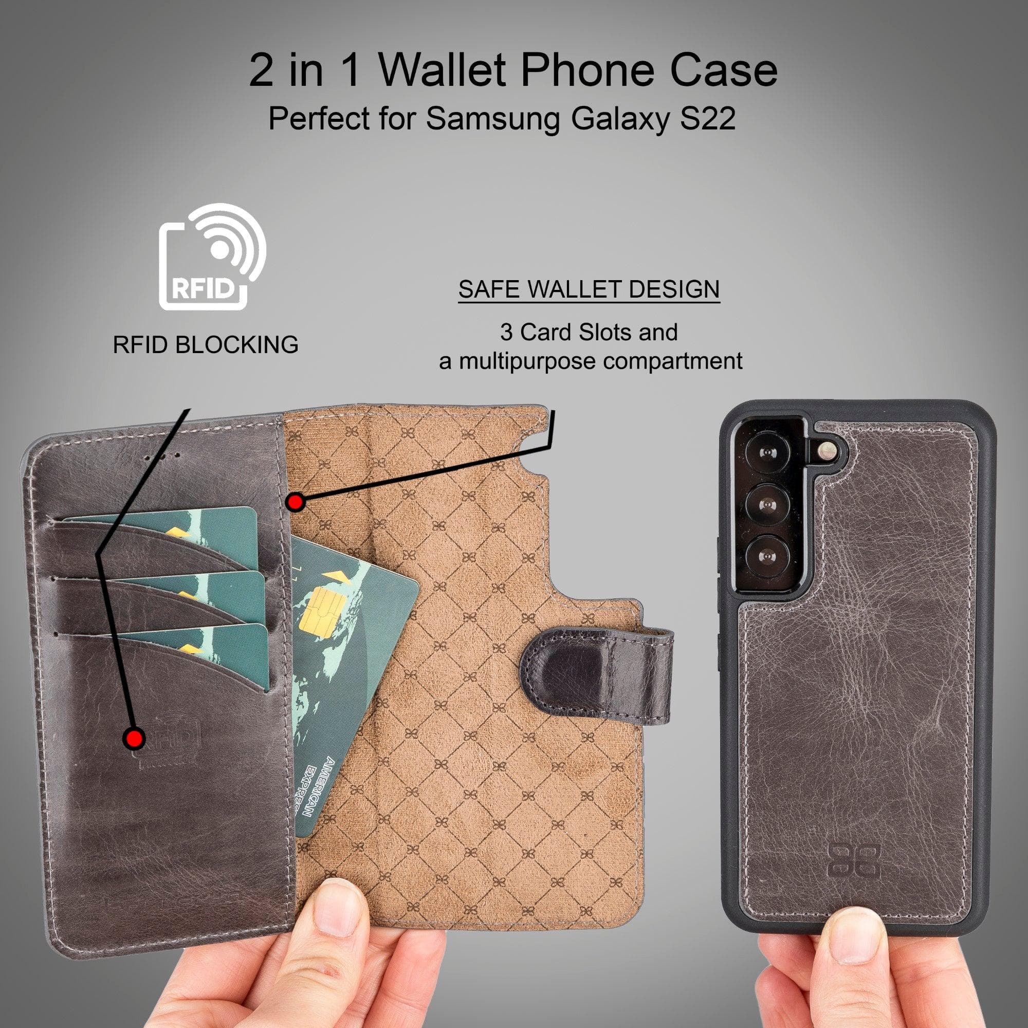 Samsung Galaxy S22 Series Leather Detachable Wallet Case in black, showcasing its premium leather finish and detachable design.