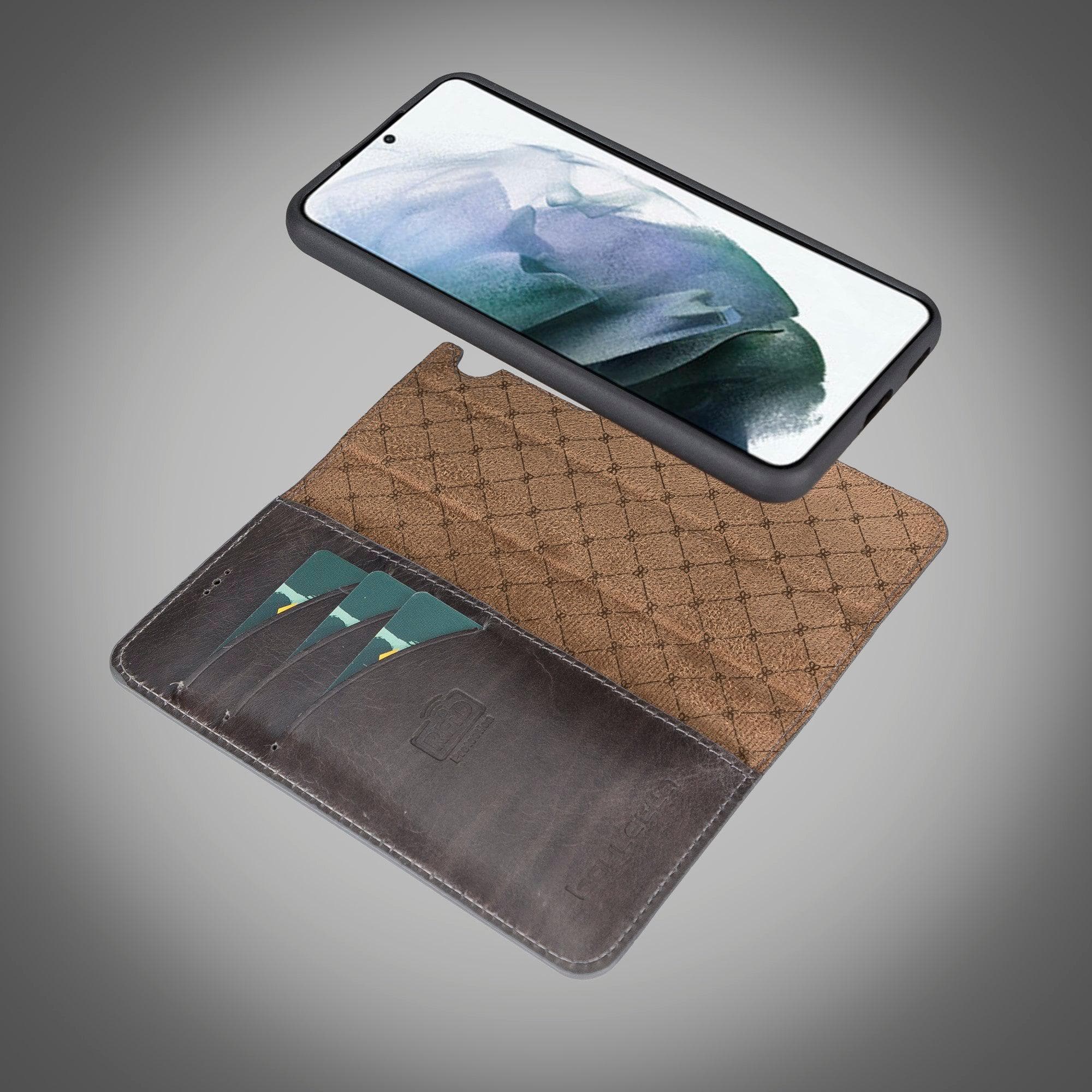 Samsung Galaxy S22 Series Leather Detachable Wallet Case in black, showcasing its premium leather finish and detachable design.