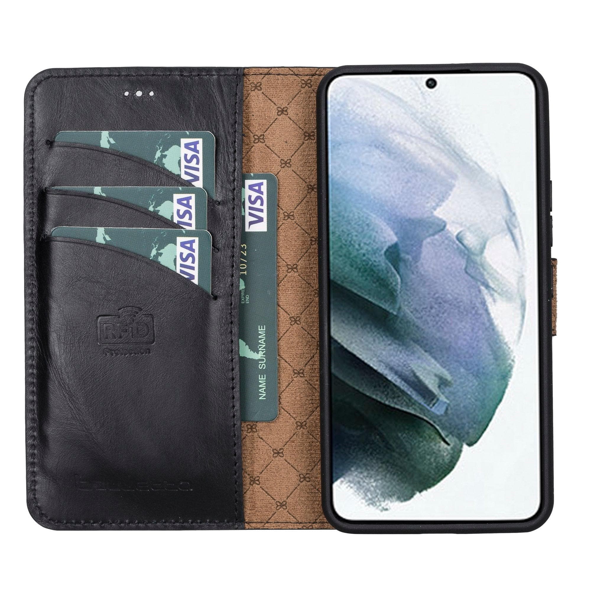 Samsung Galaxy S22 Series Leather Detachable Wallet Case in black, showcasing its premium leather finish and detachable design.