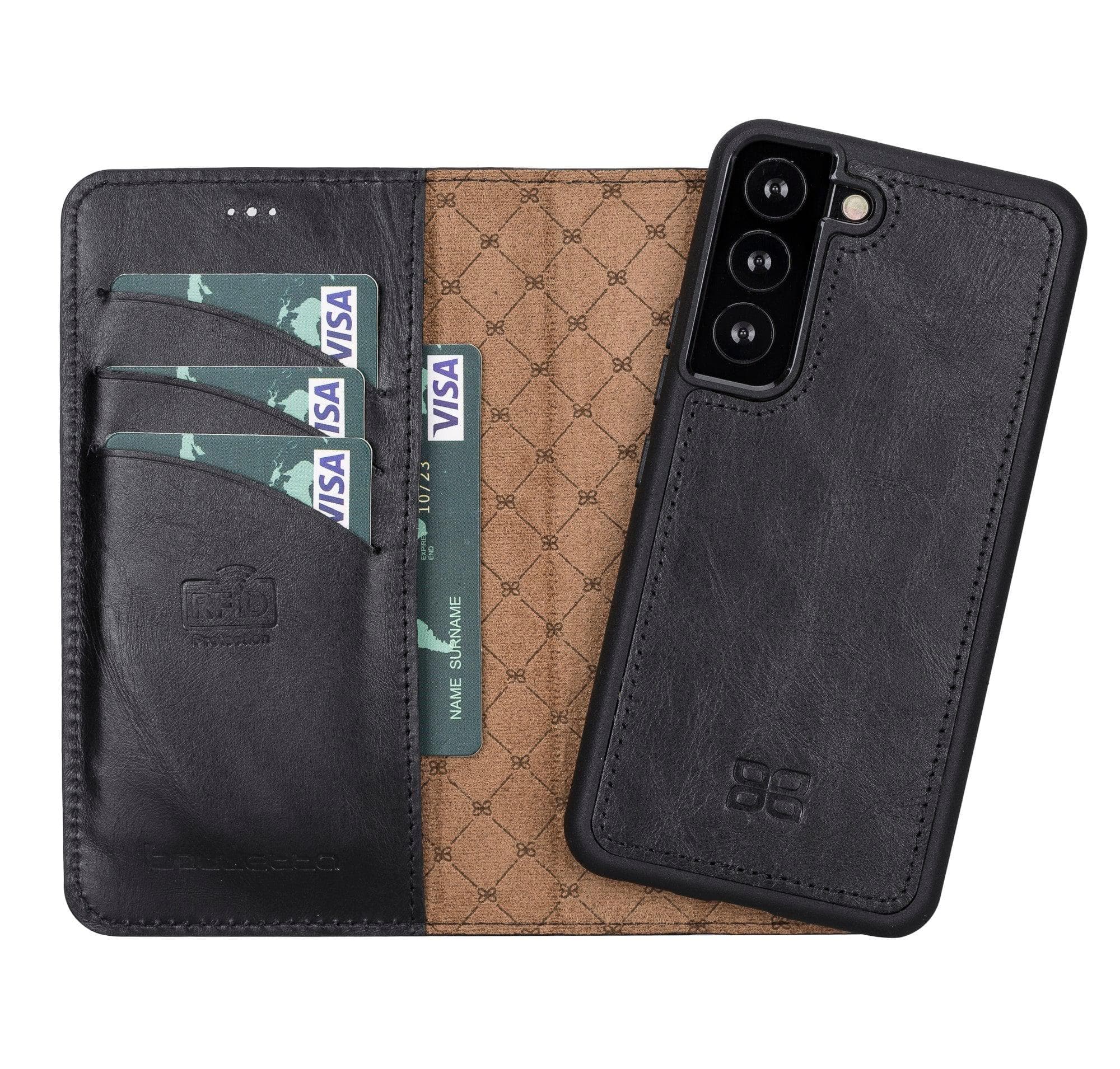Samsung Galaxy S22 Series Leather Detachable Wallet Case in black, showcasing its premium leather finish and detachable design.