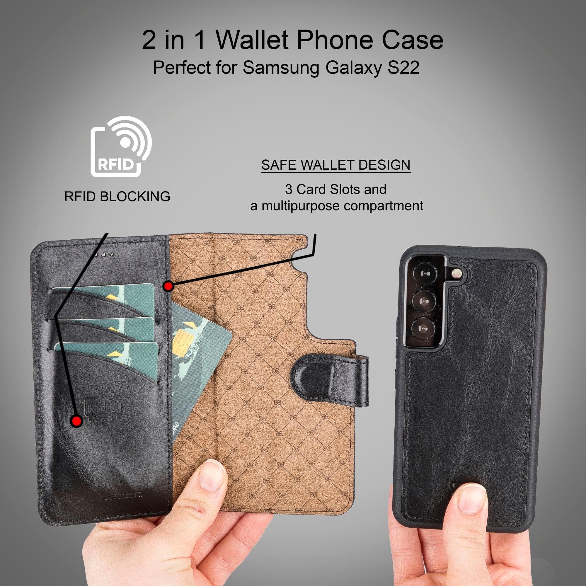 Samsung Galaxy S22 Series Leather Detachable Wallet Case in black, showcasing its premium leather finish and detachable design.