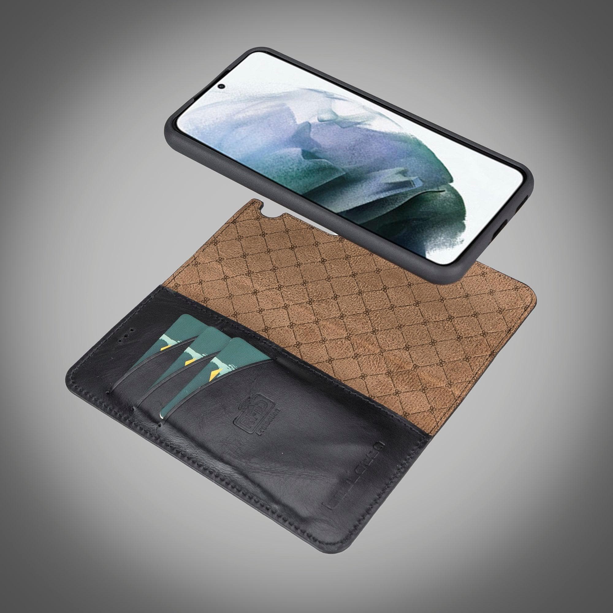 Samsung Galaxy S22 Series Leather Detachable Wallet Case in black, showcasing its premium leather finish and detachable design.