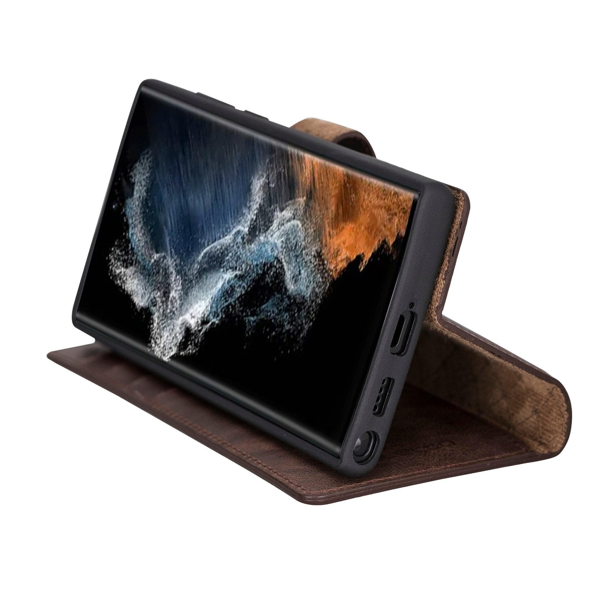 Samsung Galaxy S22 Series Leather Detachable Wallet Case in black, showcasing its premium leather finish and detachable design.