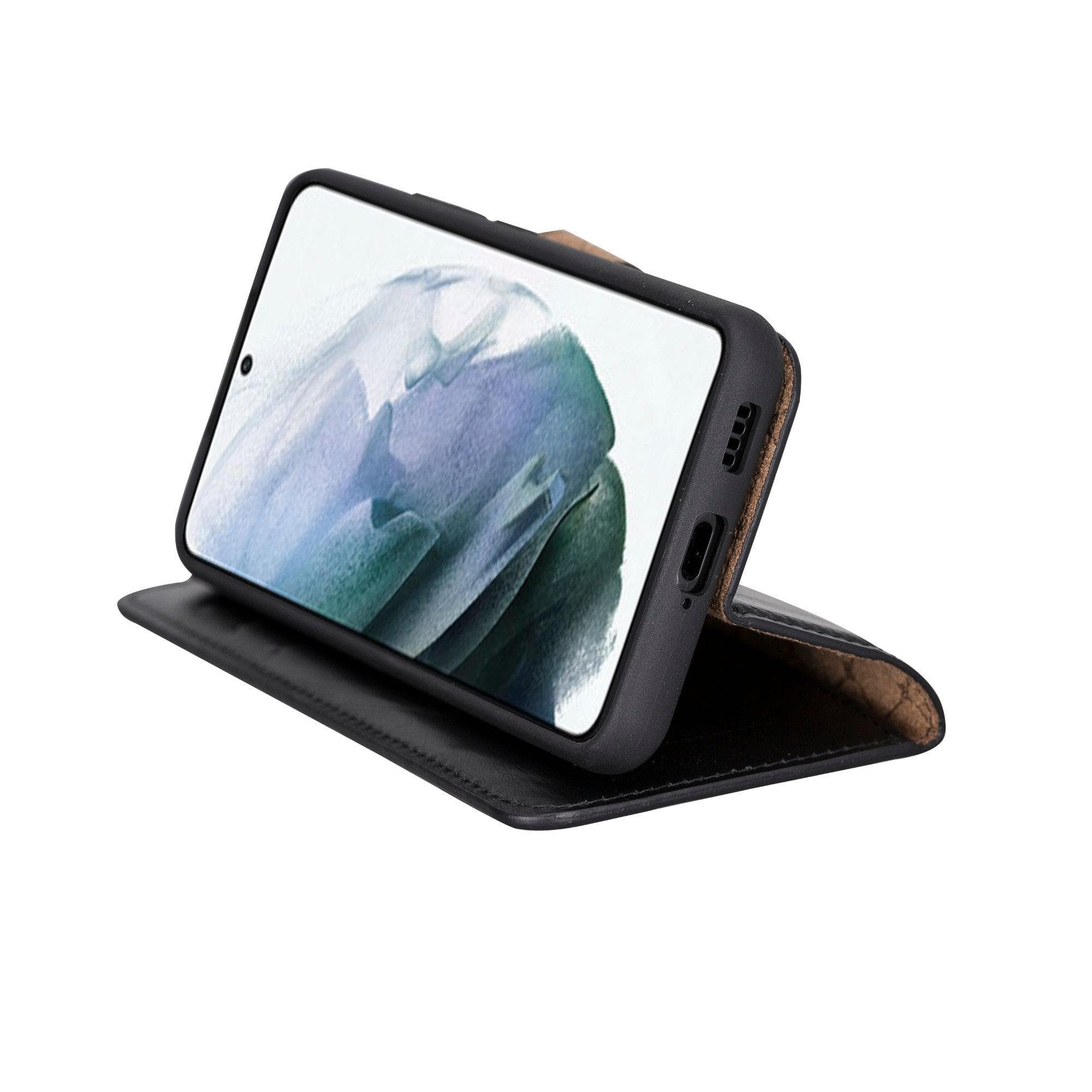 Samsung Galaxy S22 Series Leather Detachable Wallet Case in black, showcasing its premium leather finish and detachable design.