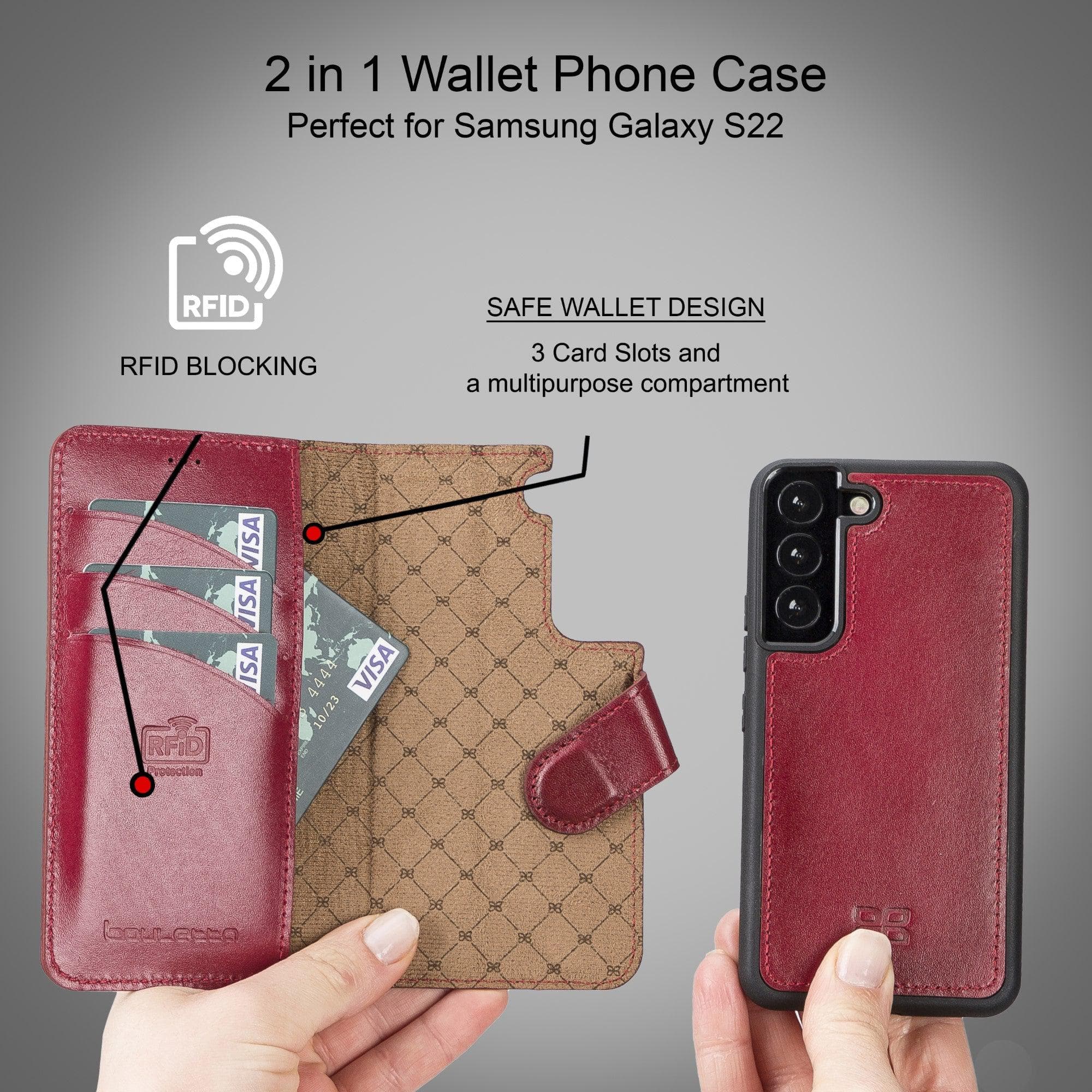 Samsung Galaxy S22 Series Leather Detachable Wallet Case in black, showcasing its premium leather finish and detachable design.