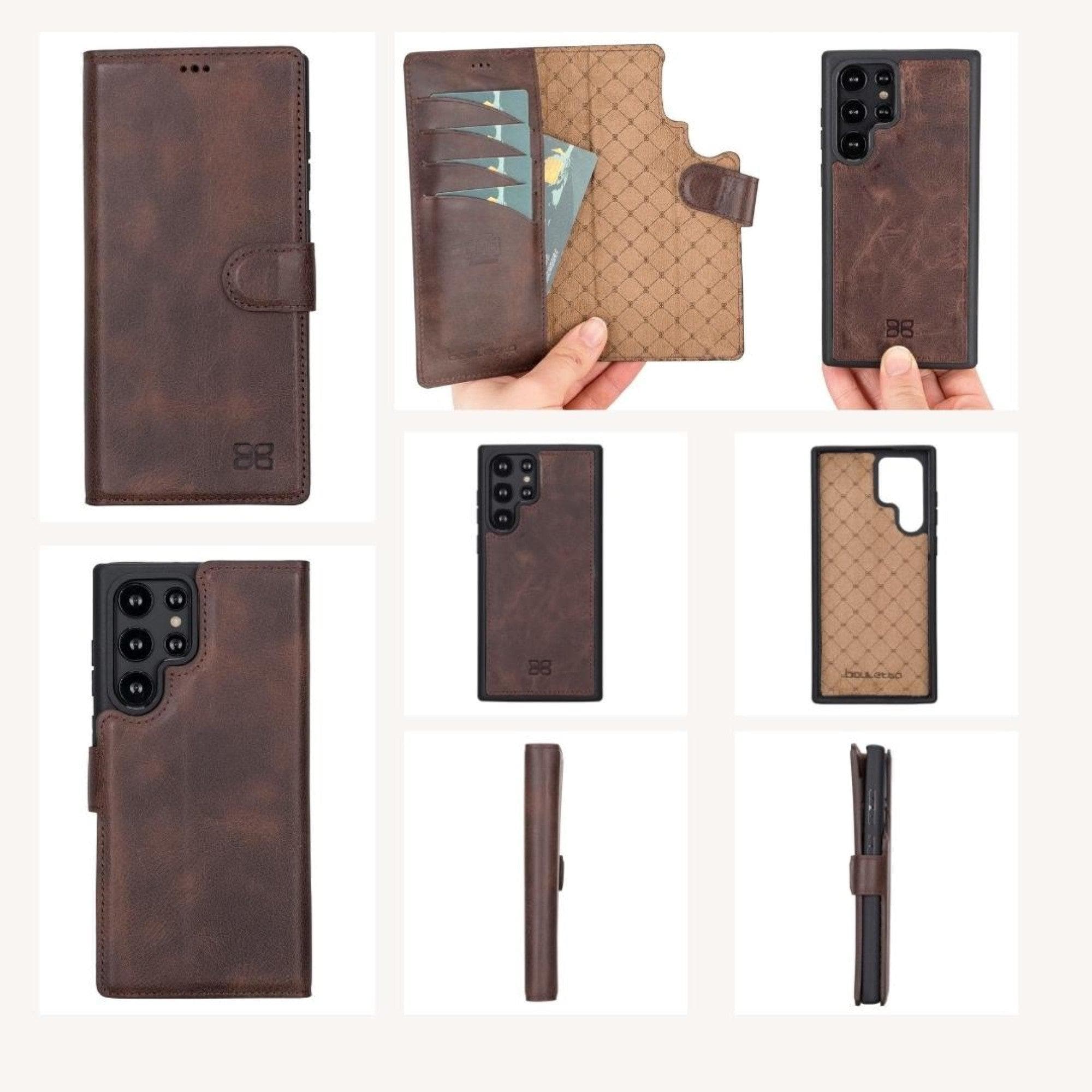 Samsung Galaxy S22 Series Leather Detachable Wallet Case in black, showcasing its premium leather finish and detachable design.