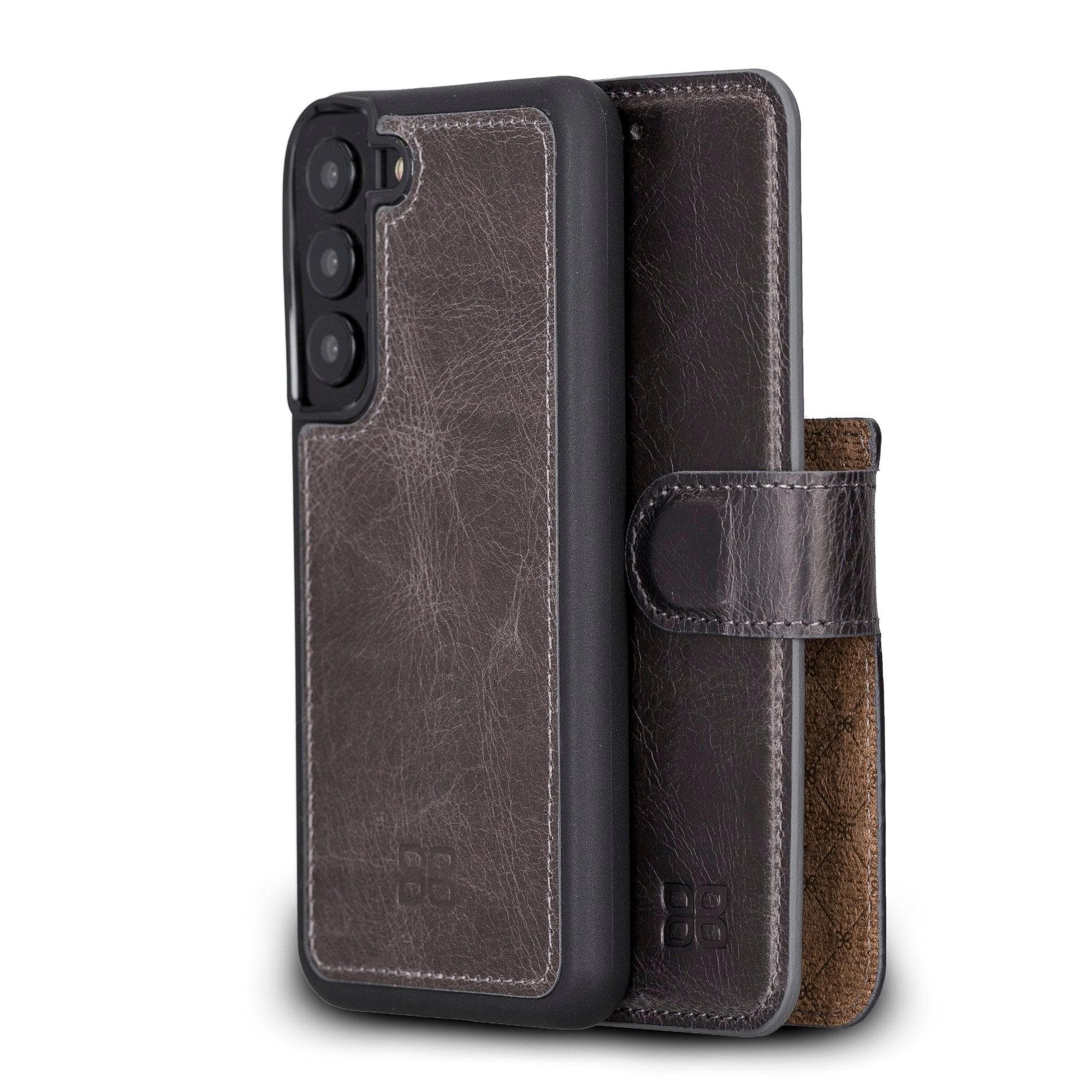 Samsung Galaxy S22 Series Leather Detachable Wallet Case in black, showcasing its premium leather finish and detachable design.