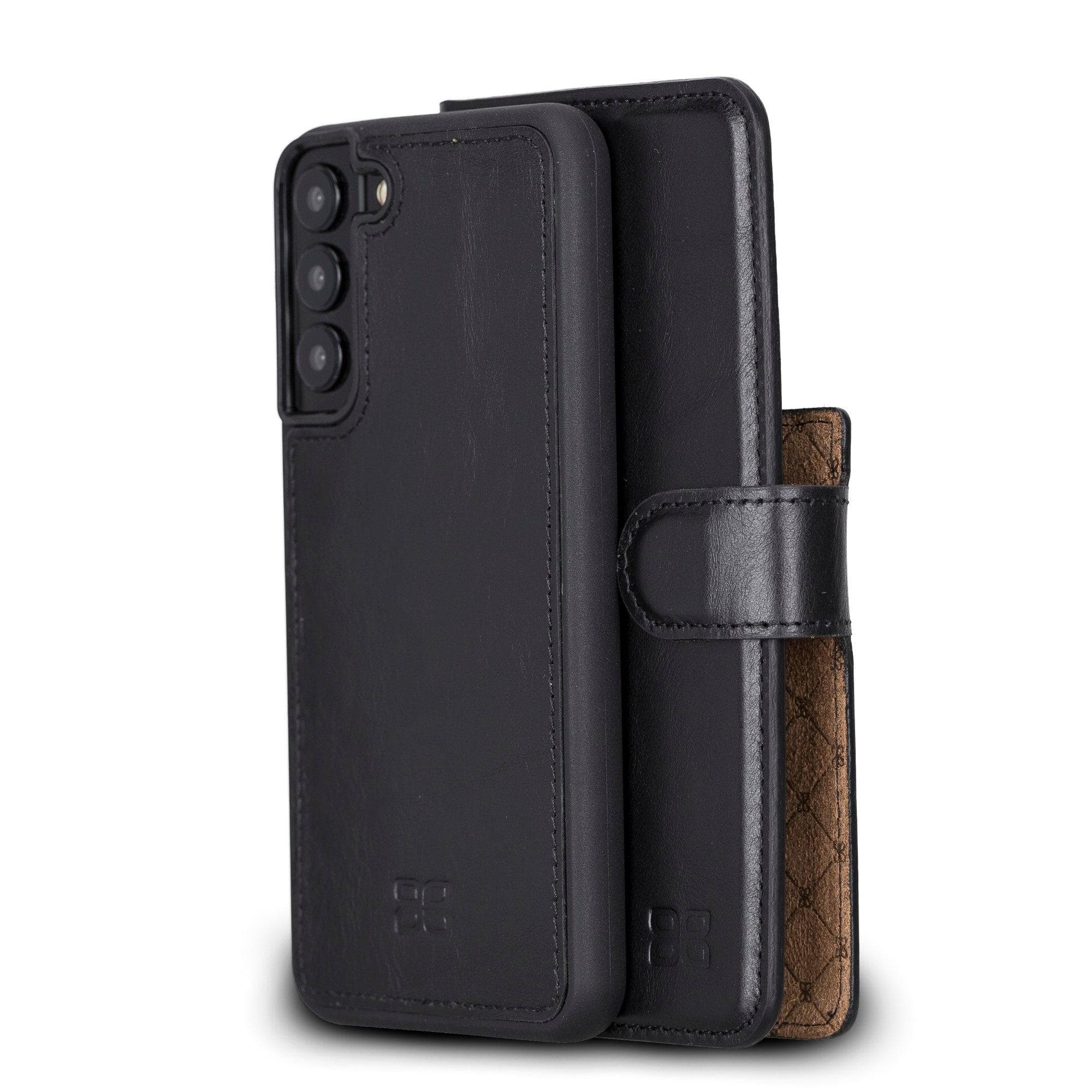 Samsung Galaxy S22 Series Leather Detachable Wallet Case in black, showcasing its premium leather finish and detachable design.