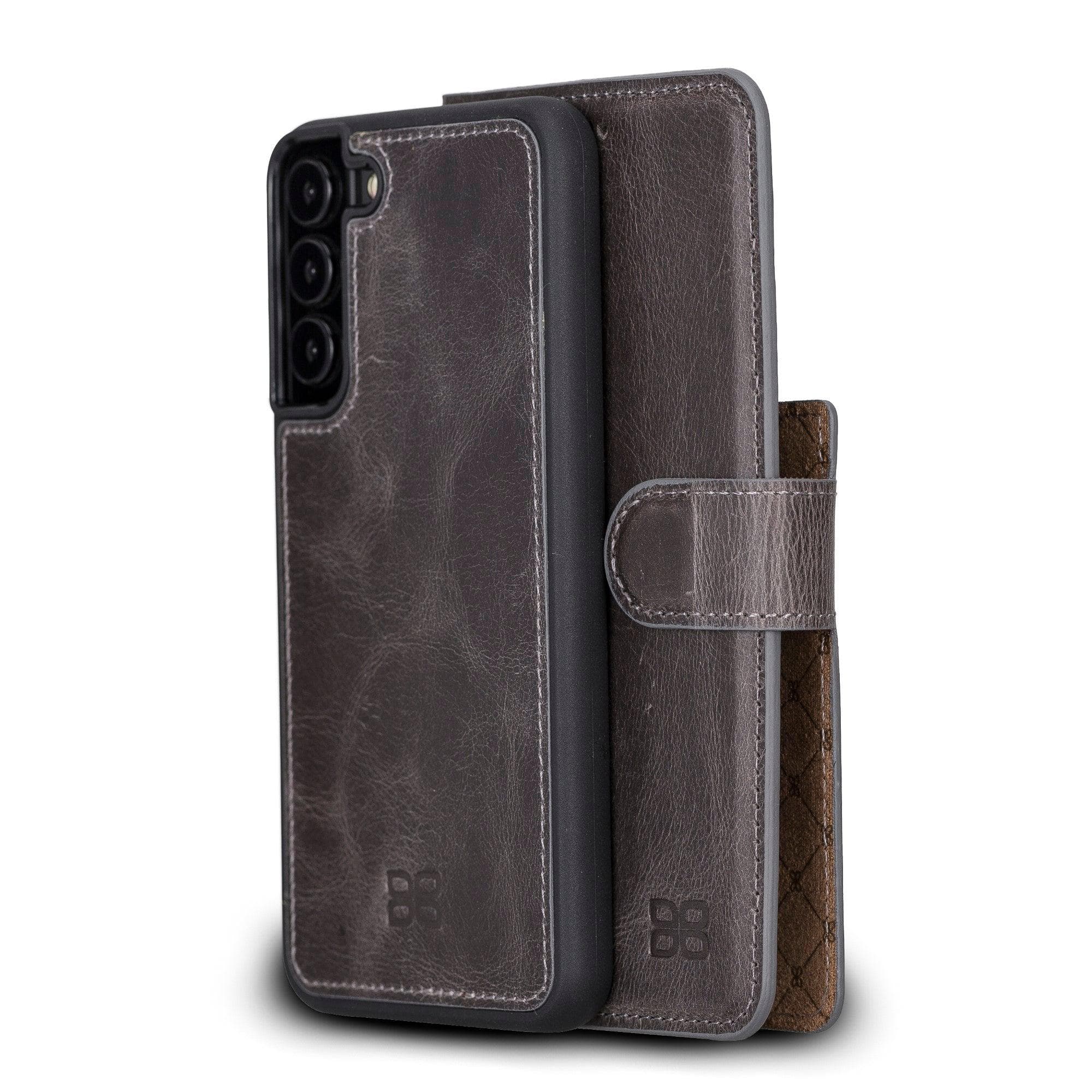 Samsung Galaxy S22 Series Leather Detachable Wallet Case in black, showcasing its premium leather finish and detachable design.