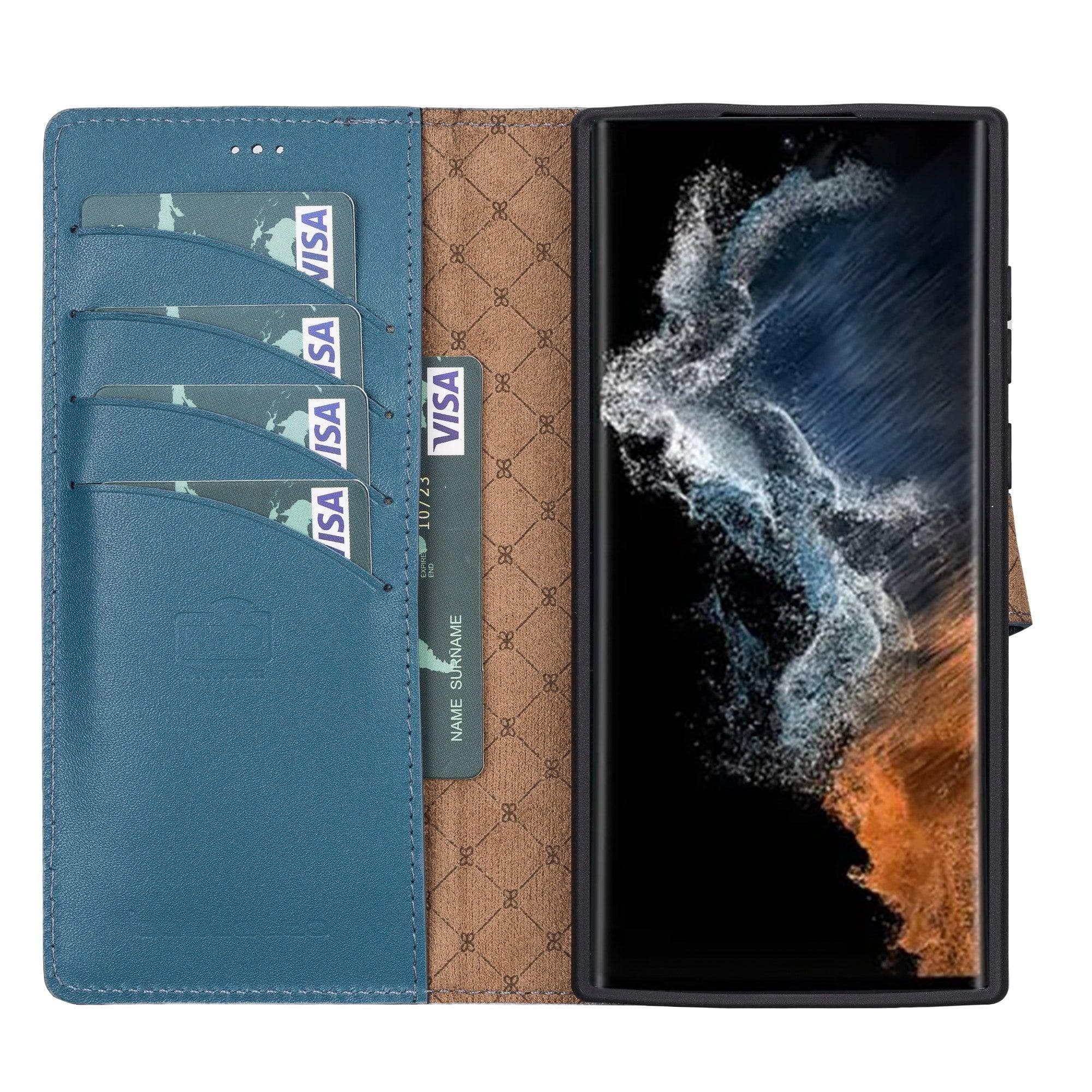 Samsung Galaxy S22 Series Leather Detachable Wallet Case in black, showcasing its premium leather finish and detachable design.