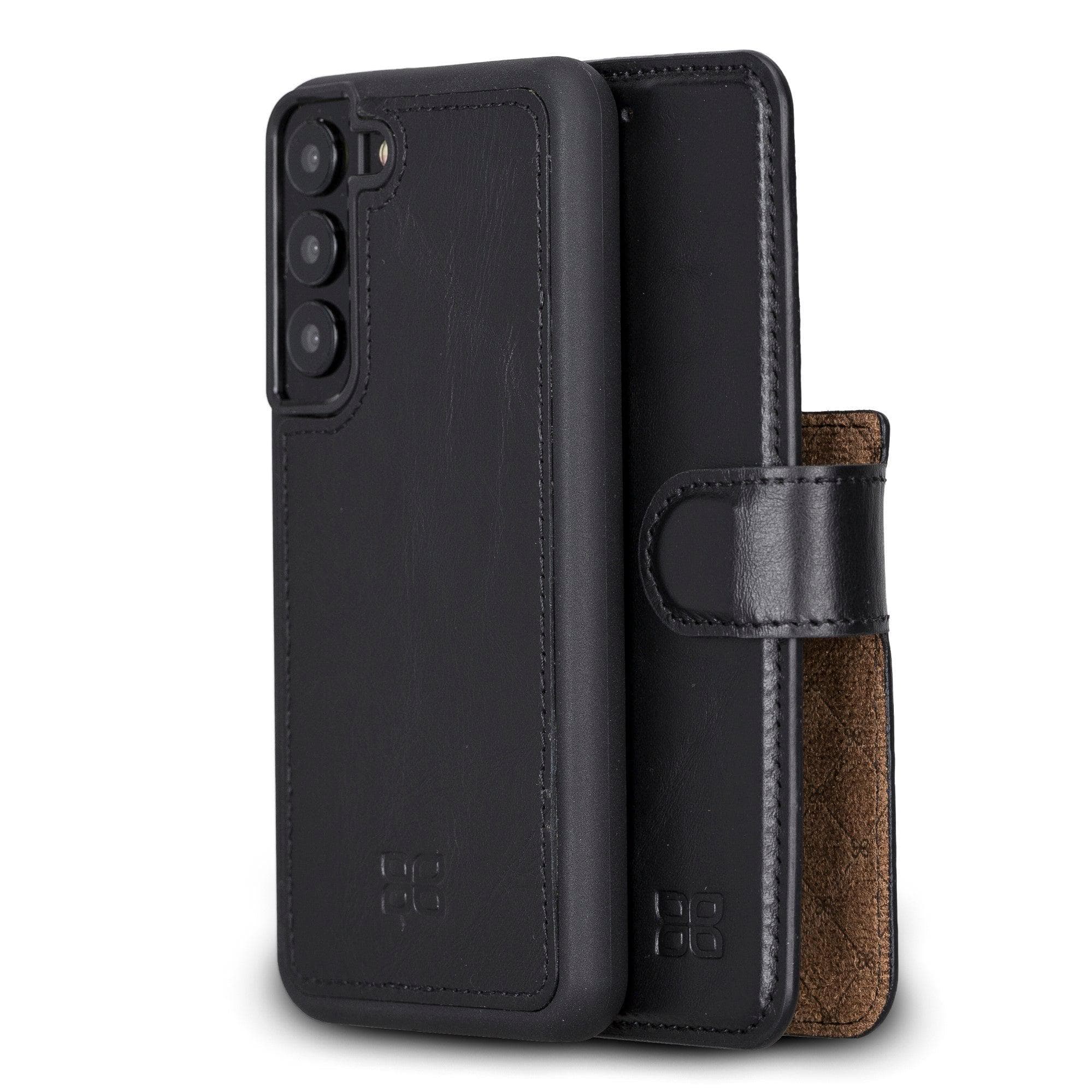 Samsung Galaxy S22 Series Leather Detachable Wallet Case in black, showcasing its premium leather finish and detachable design.