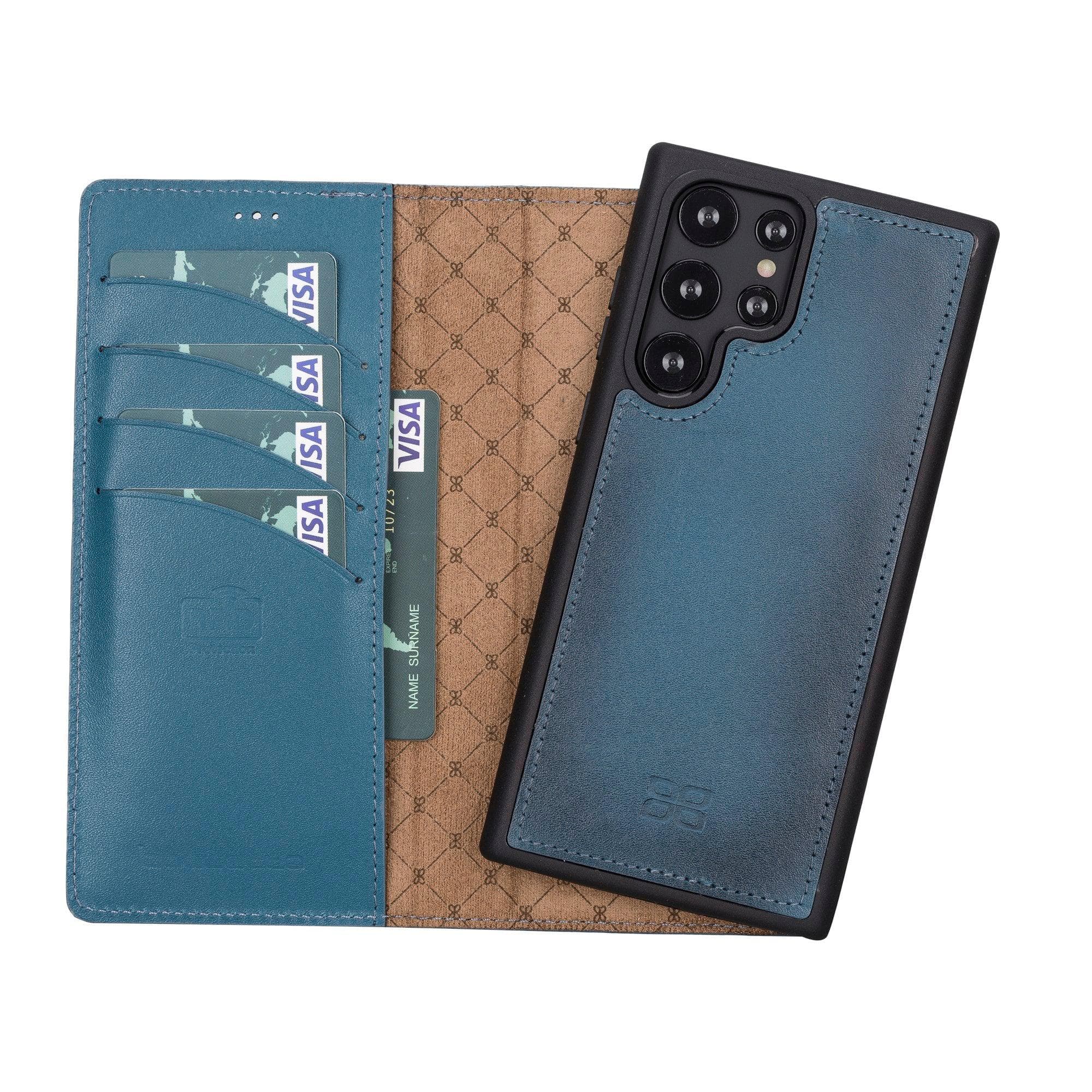 Samsung Galaxy S22 Series Leather Detachable Wallet Case in black, showcasing its premium leather finish and detachable design.