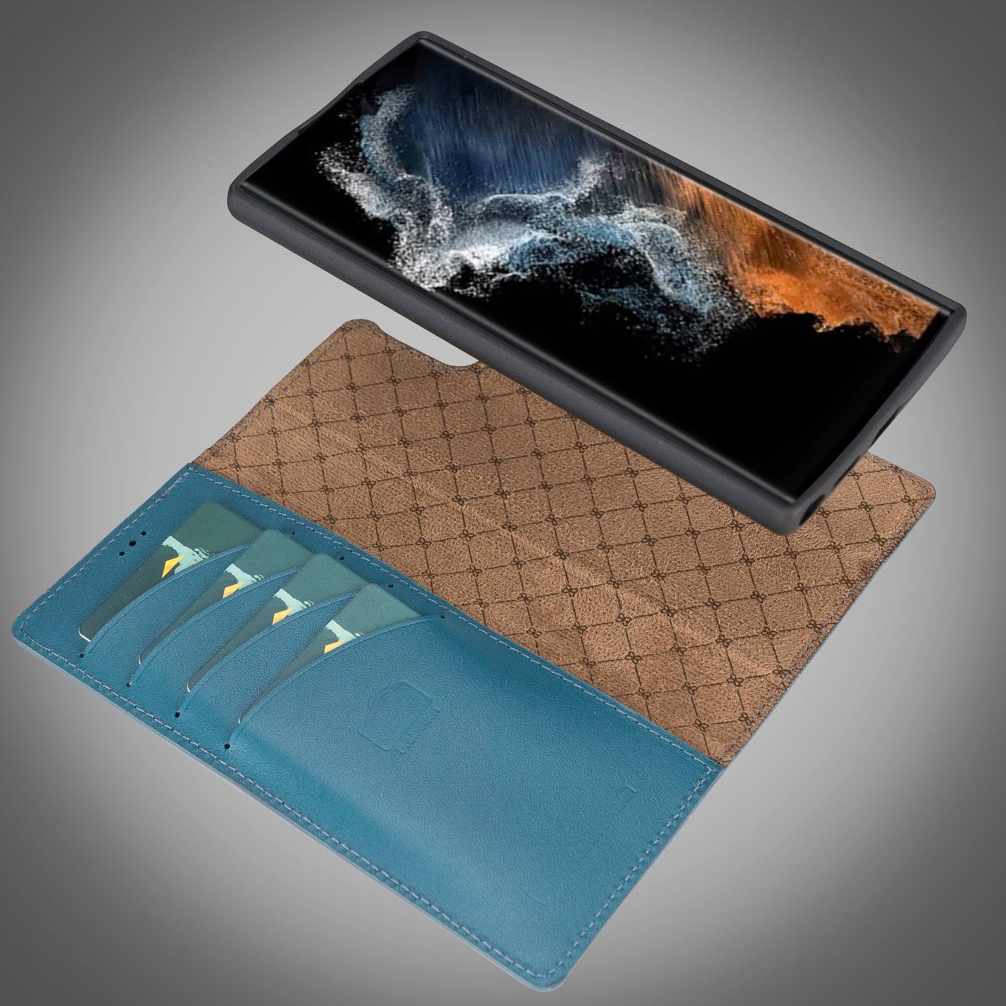 Samsung Galaxy S22 Series Leather Detachable Wallet Case in black, showcasing its premium leather finish and detachable design.