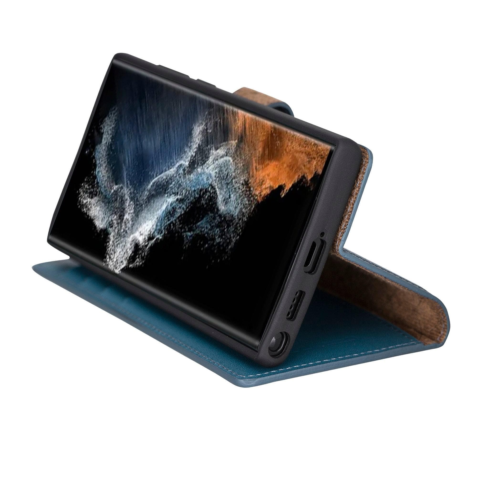 Samsung Galaxy S22 Series Leather Detachable Wallet Case in black, showcasing its premium leather finish and detachable design.