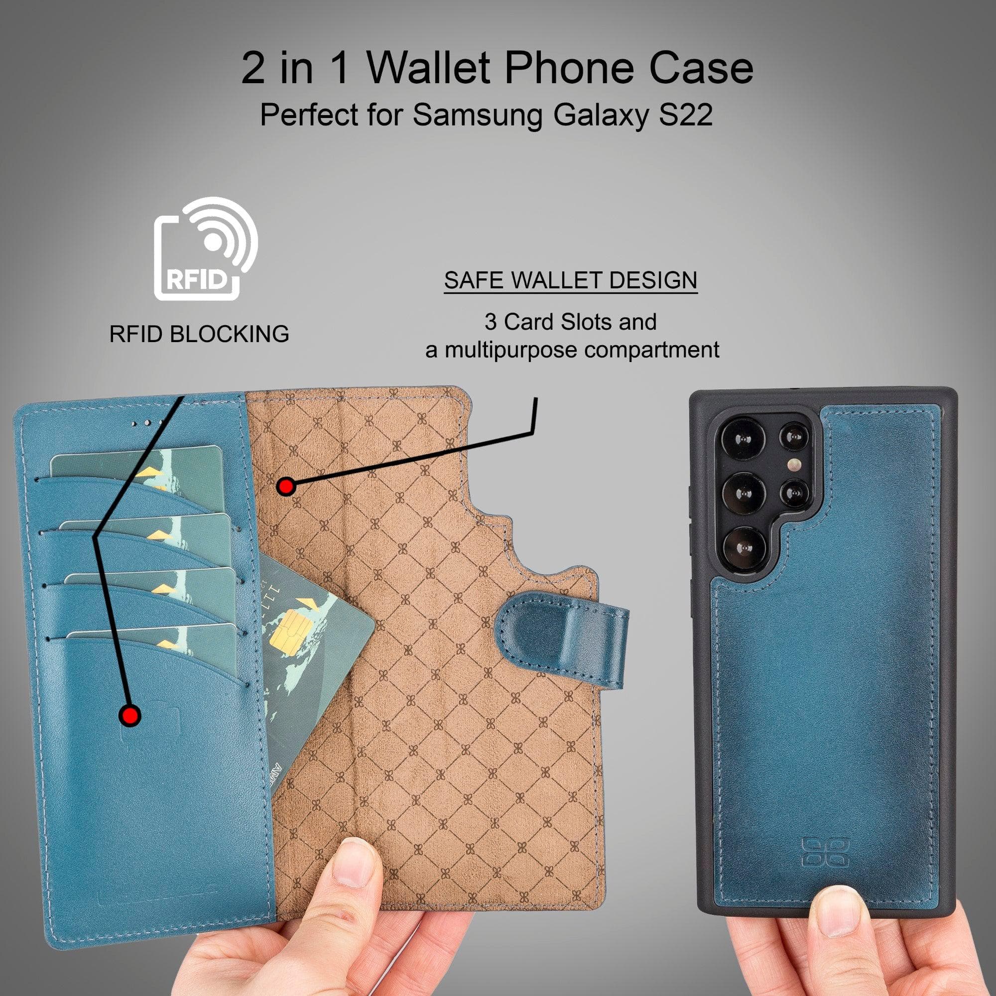 Samsung Galaxy S22 Series Leather Detachable Wallet Case in black, showcasing its premium leather finish and detachable design.