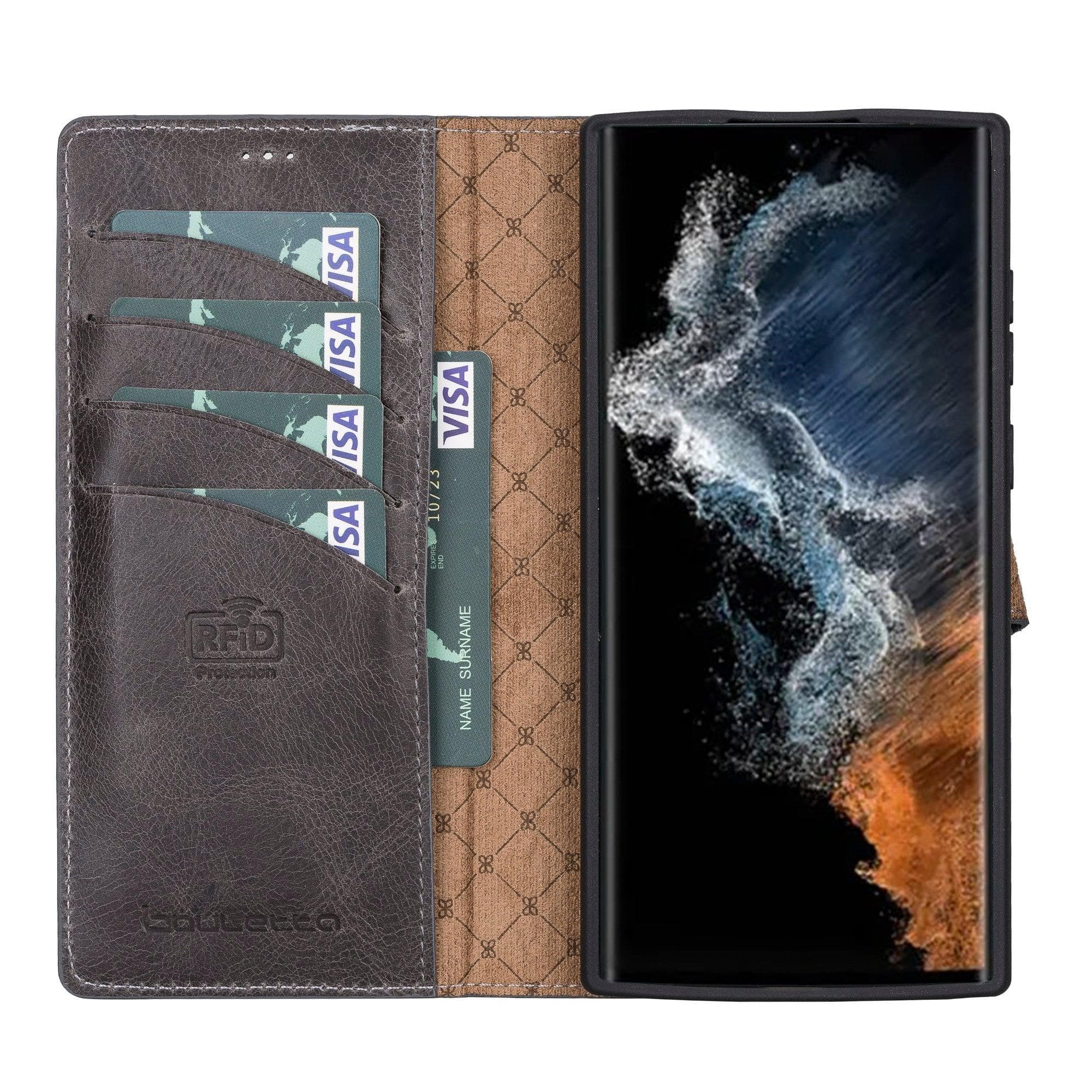 Samsung Galaxy S22 Series Leather Detachable Wallet Case in black, showcasing its premium leather finish and detachable design.