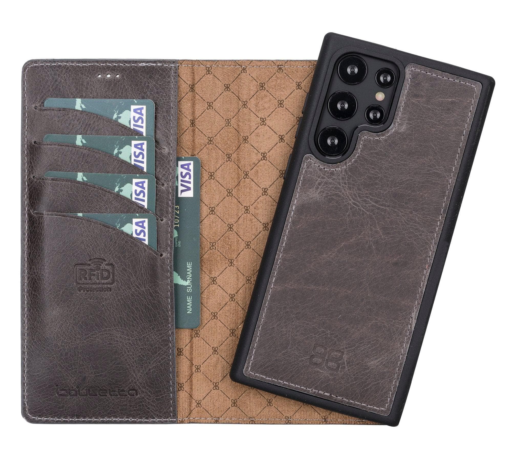 Samsung Galaxy S22 Series Leather Detachable Wallet Case in black, showcasing its premium leather finish and detachable design.