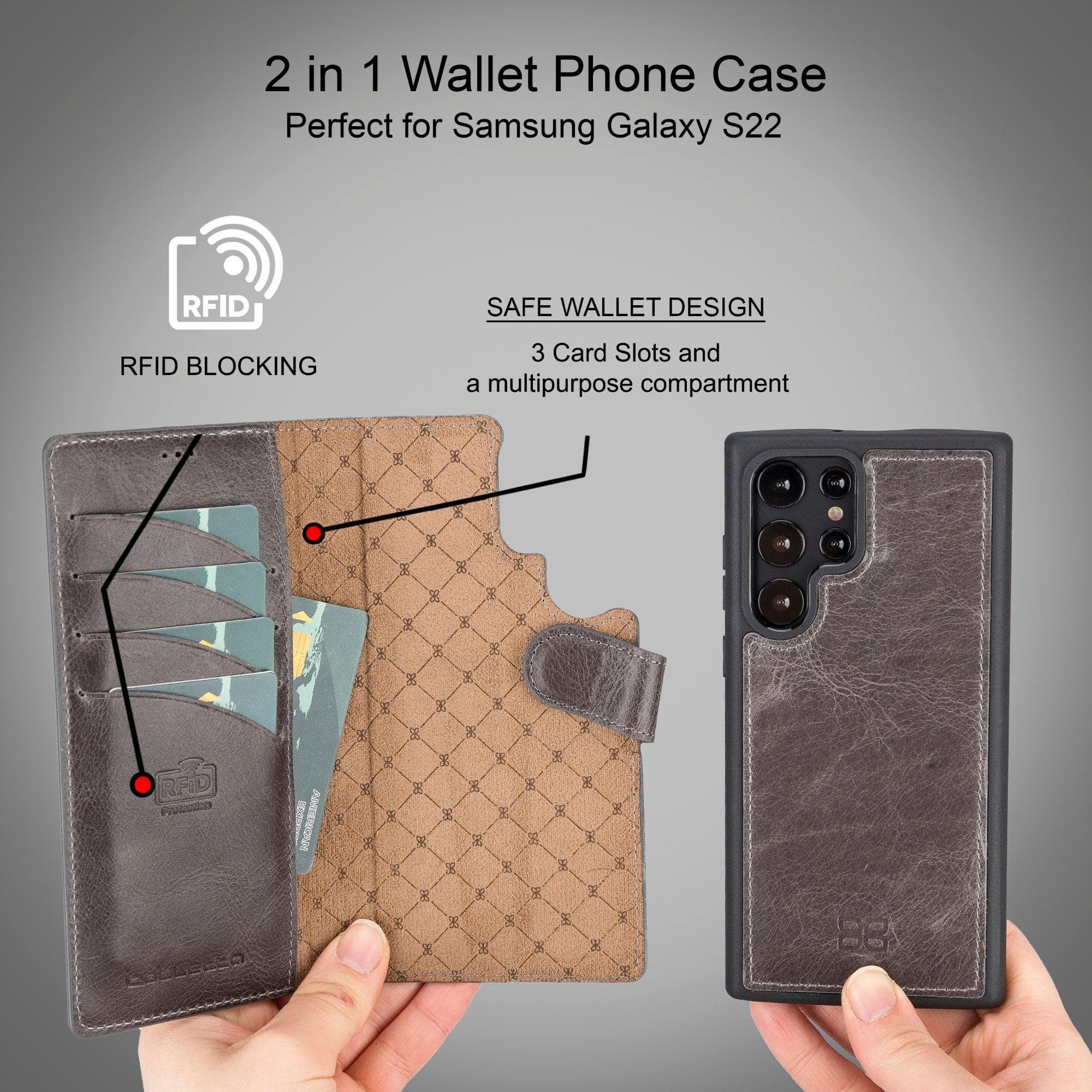 Samsung Galaxy S22 Series Leather Detachable Wallet Case in black, showcasing its premium leather finish and detachable design.