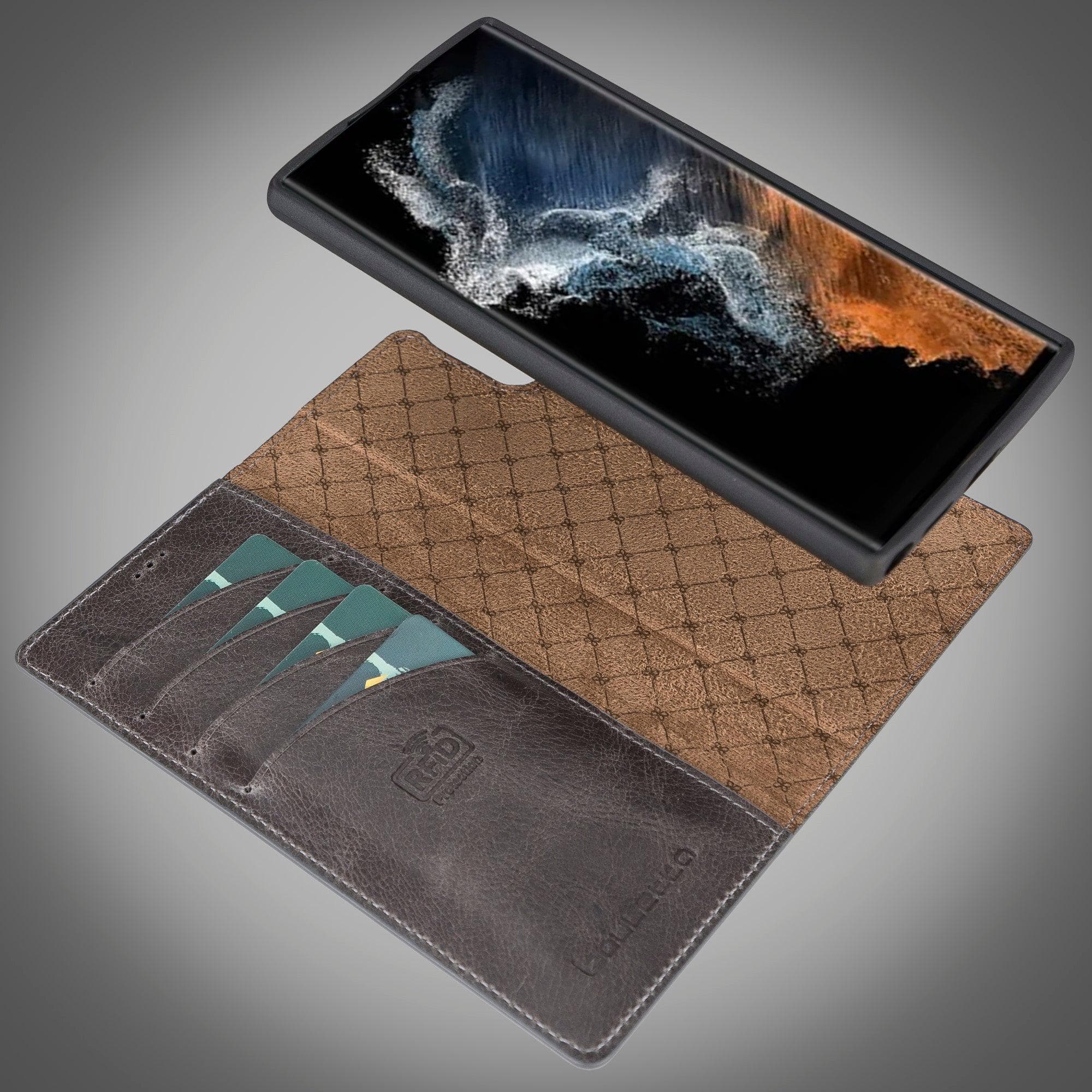 Samsung Galaxy S22 Series Leather Detachable Wallet Case in black, showcasing its premium leather finish and detachable design.