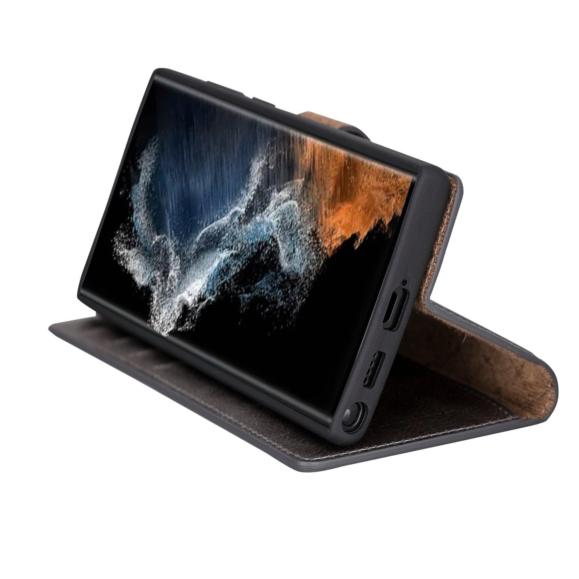 Samsung Galaxy S22 Series Leather Detachable Wallet Case in black, showcasing its premium leather finish and detachable design.