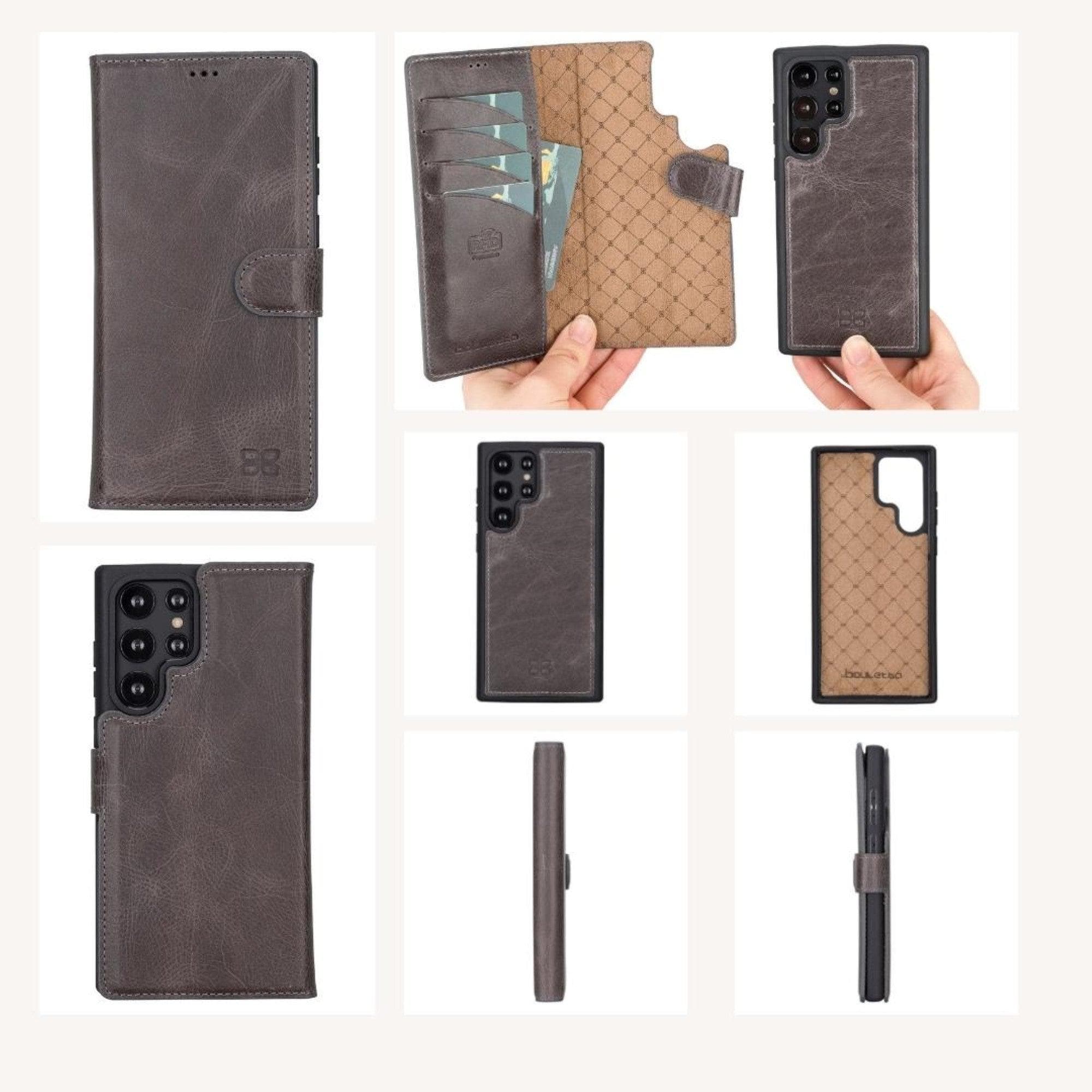 Samsung Galaxy S22 Series Leather Detachable Wallet Case in black, showcasing its premium leather finish and detachable design.