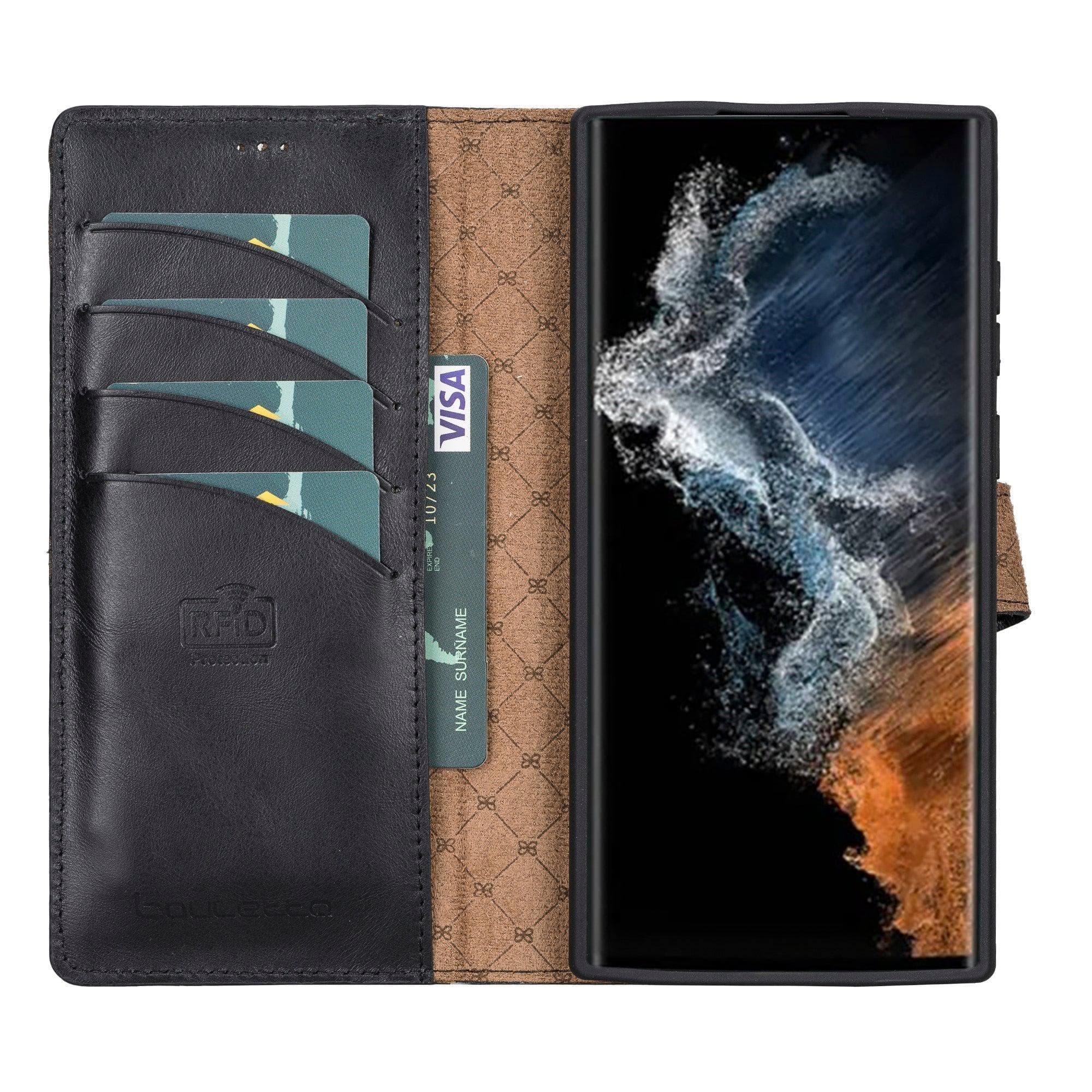 Samsung Galaxy S22 Series Leather Detachable Wallet Case in black, showcasing its premium leather finish and detachable design.