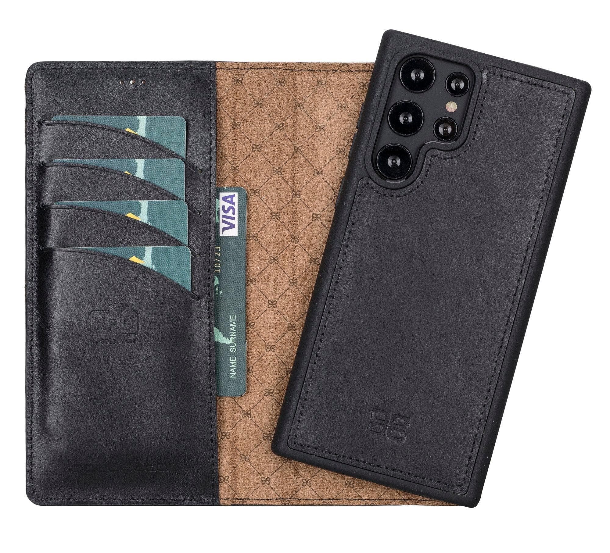 Samsung Galaxy S22 Series Leather Detachable Wallet Case in black, showcasing its premium leather finish and detachable design.