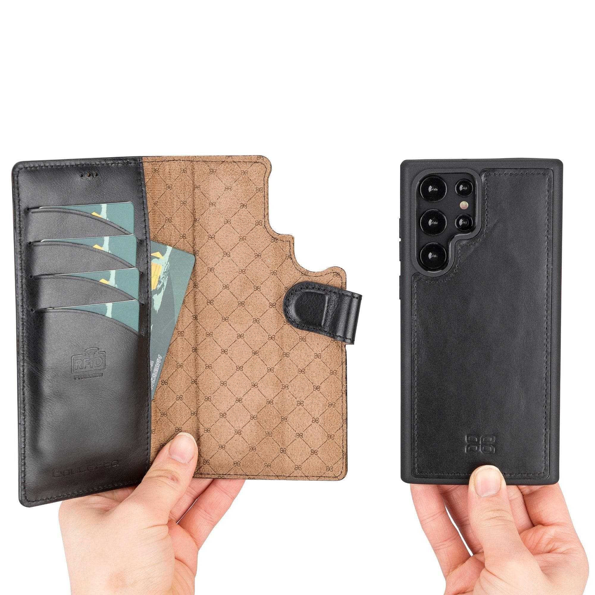 Samsung Galaxy S22 Series Leather Detachable Wallet Case in black, showcasing its premium leather finish and detachable design.