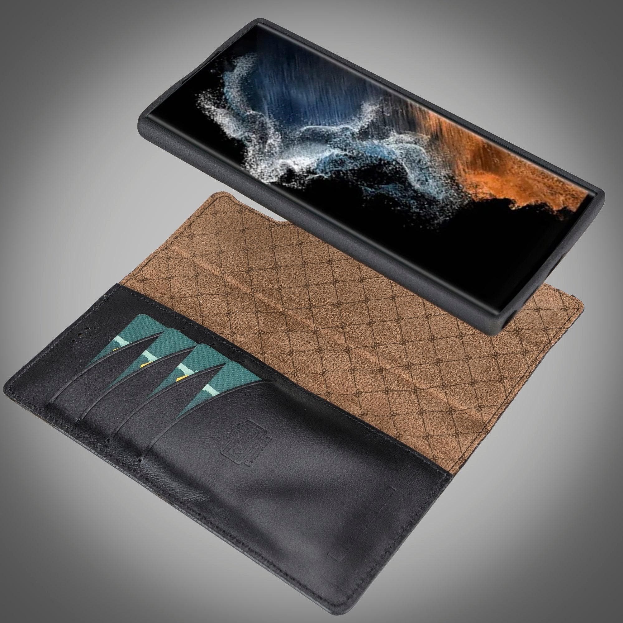 Samsung Galaxy S22 Series Leather Detachable Wallet Case in black, showcasing its premium leather finish and detachable design.